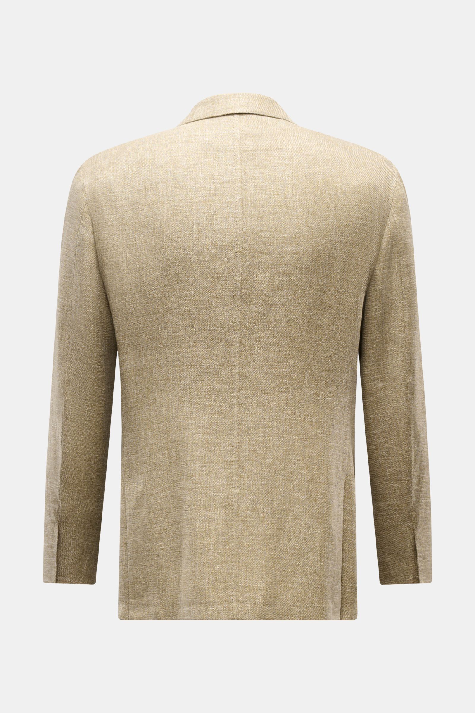 Zegna Sakko oliv meliert, Rückansicht, Slim Fit, Leinen-Wolle-Seide-Mix, feines Strukturgewebe, tailliert, zwei Knöpfe, Unconstructed Design.