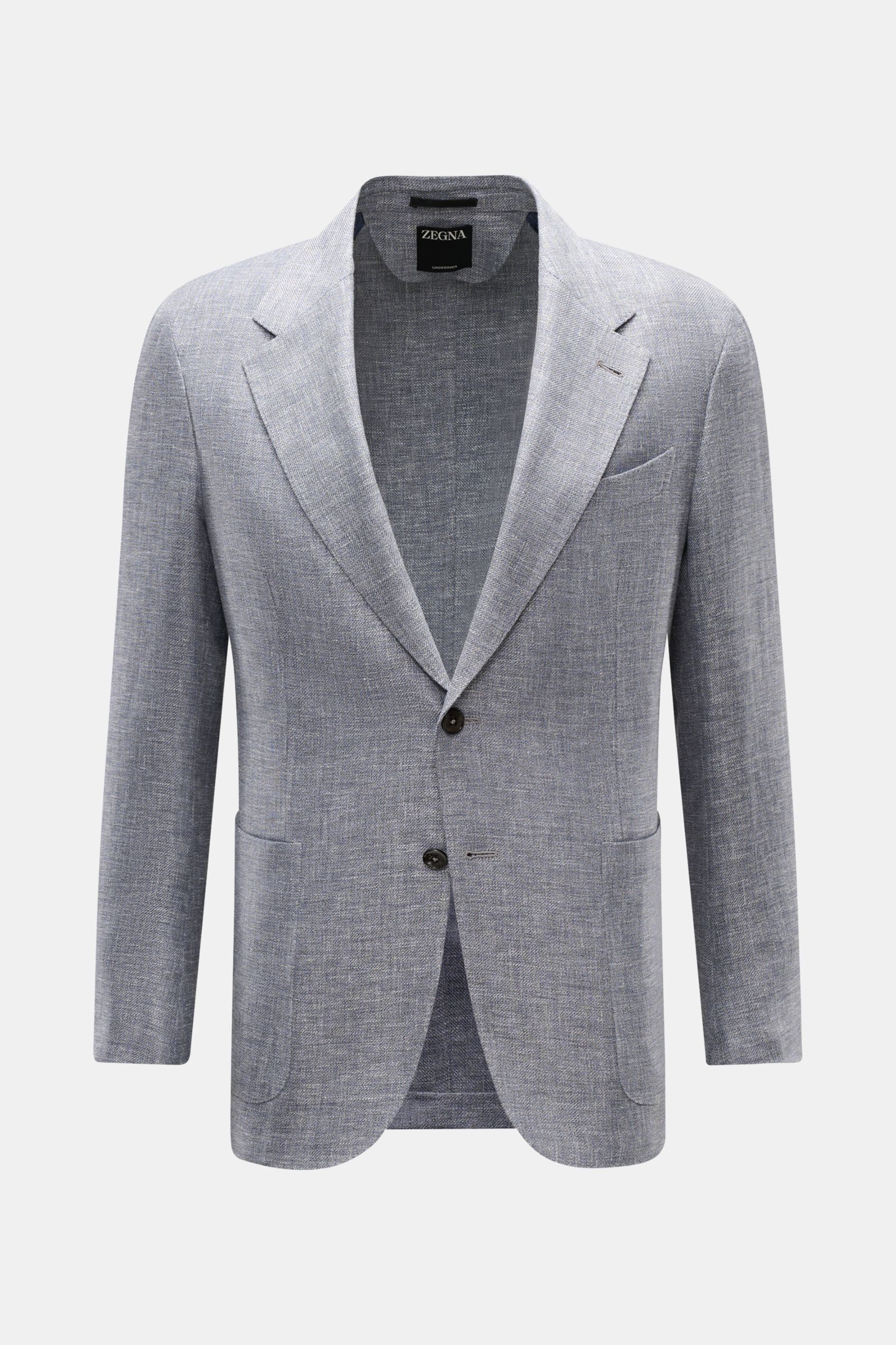 Zegna Sakko 'Riviera' dark navy/weiß meliert, slim Fit, tailliert, zwei Knöpfe, fallendes Revers, Leinen-Wolle-Seide-Mix, frontale Ansicht.