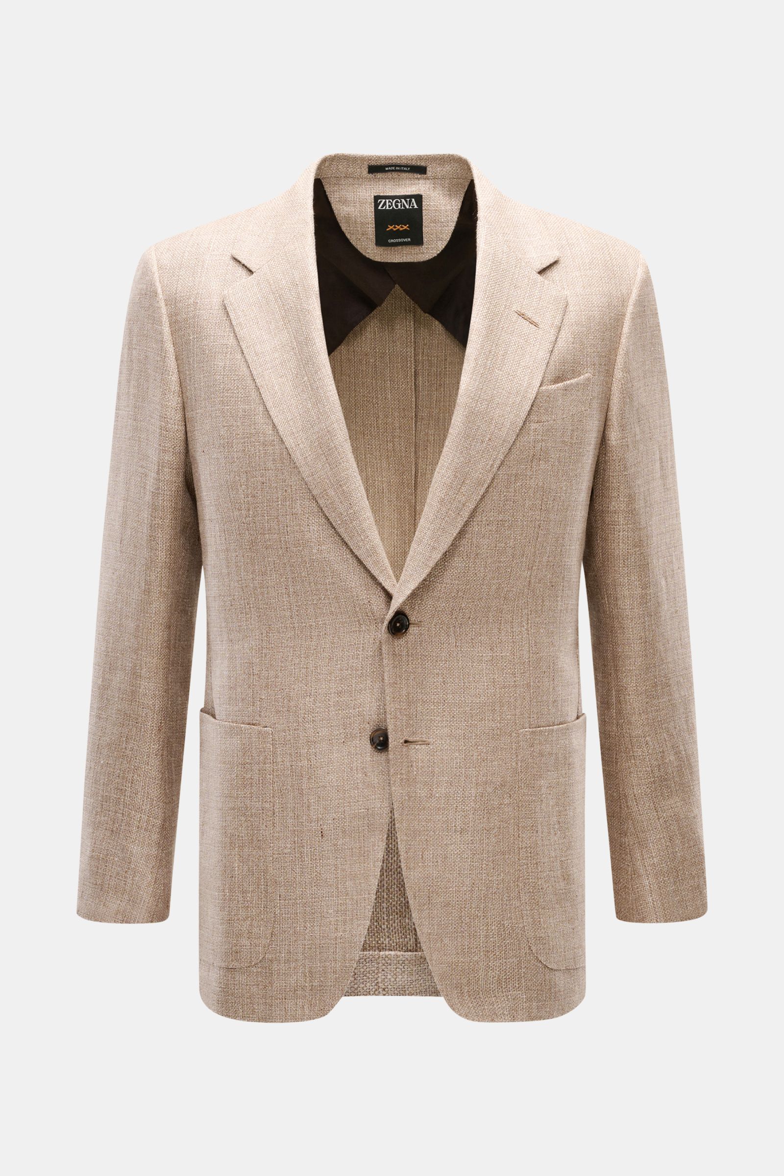 Front view of Zegna Smart-casual jacket taupe mottled in linen, wool, and silk blend with step lapel, two-button slim fit, patch hip pockets, and classic breast pocket. Hot days are guaranteed to be enjoyable in this smart-casual jacket in linen, wool and