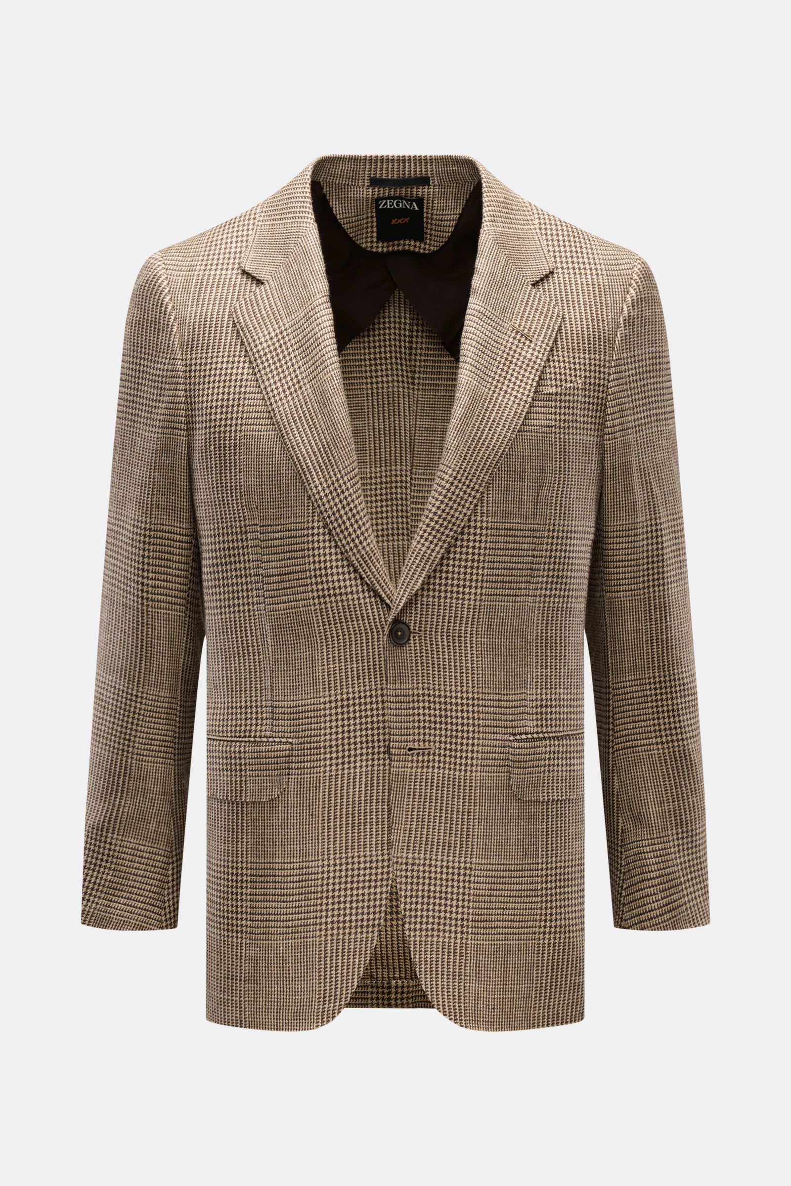 Zegna Sakko dunkelbraun/beige kariert, frontal fotografiert, Slim Fit mit Glencheck-Webmuster aus Seide, Leinen, Wolle, weicher Griff, zwei Knöpfe, fallendes Revers, Brust- und Hüfttaschen, halb gefüttert, drei Innentaschen.