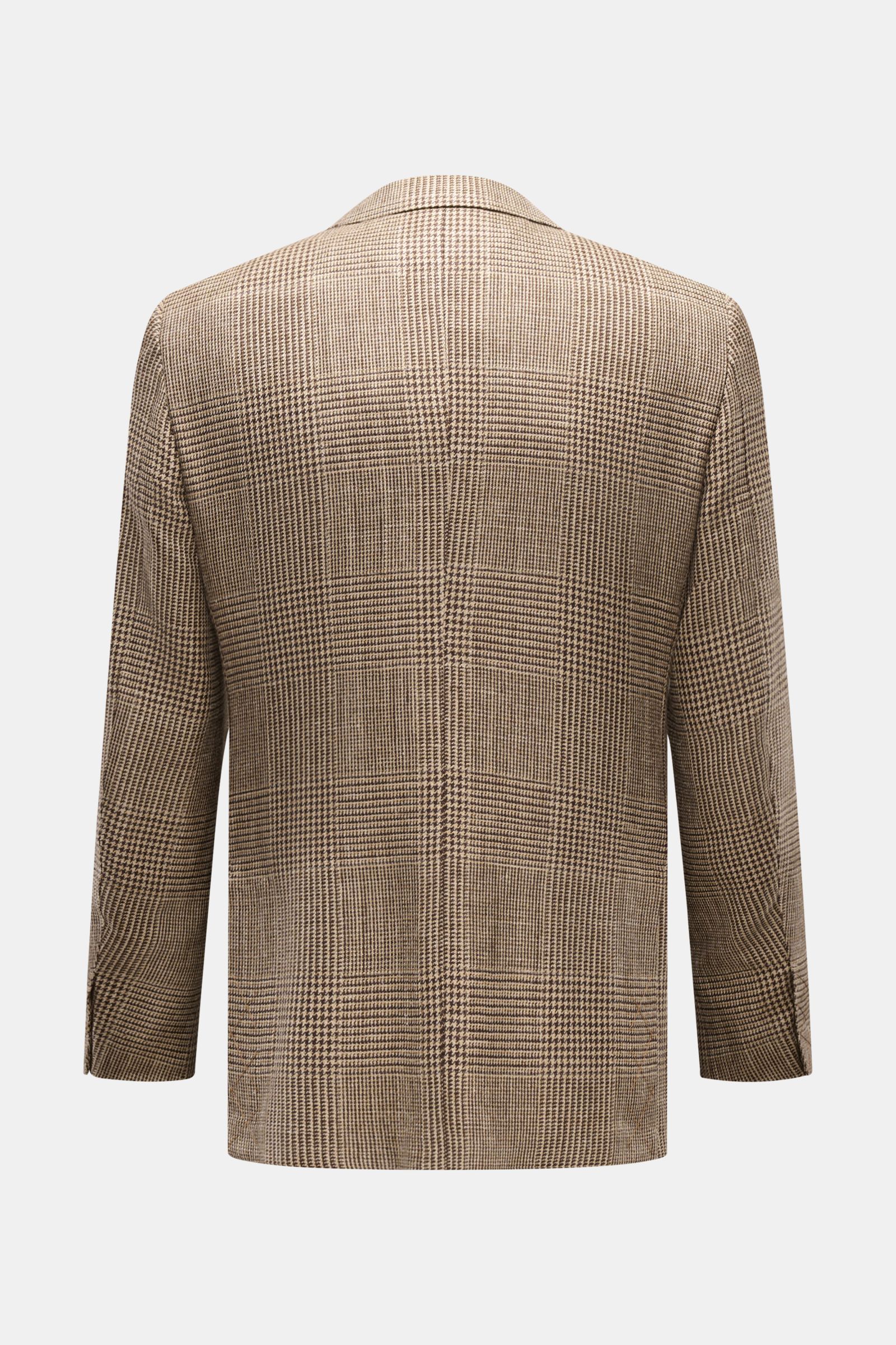 Zegna Sakko dunkelbraun/beige kariert, Rückansicht, Glencheck-Muster, Slim Fit, zwei Knöpfe, Seide, Leinen, Wolle, weicher Griff, halb gefüttert.