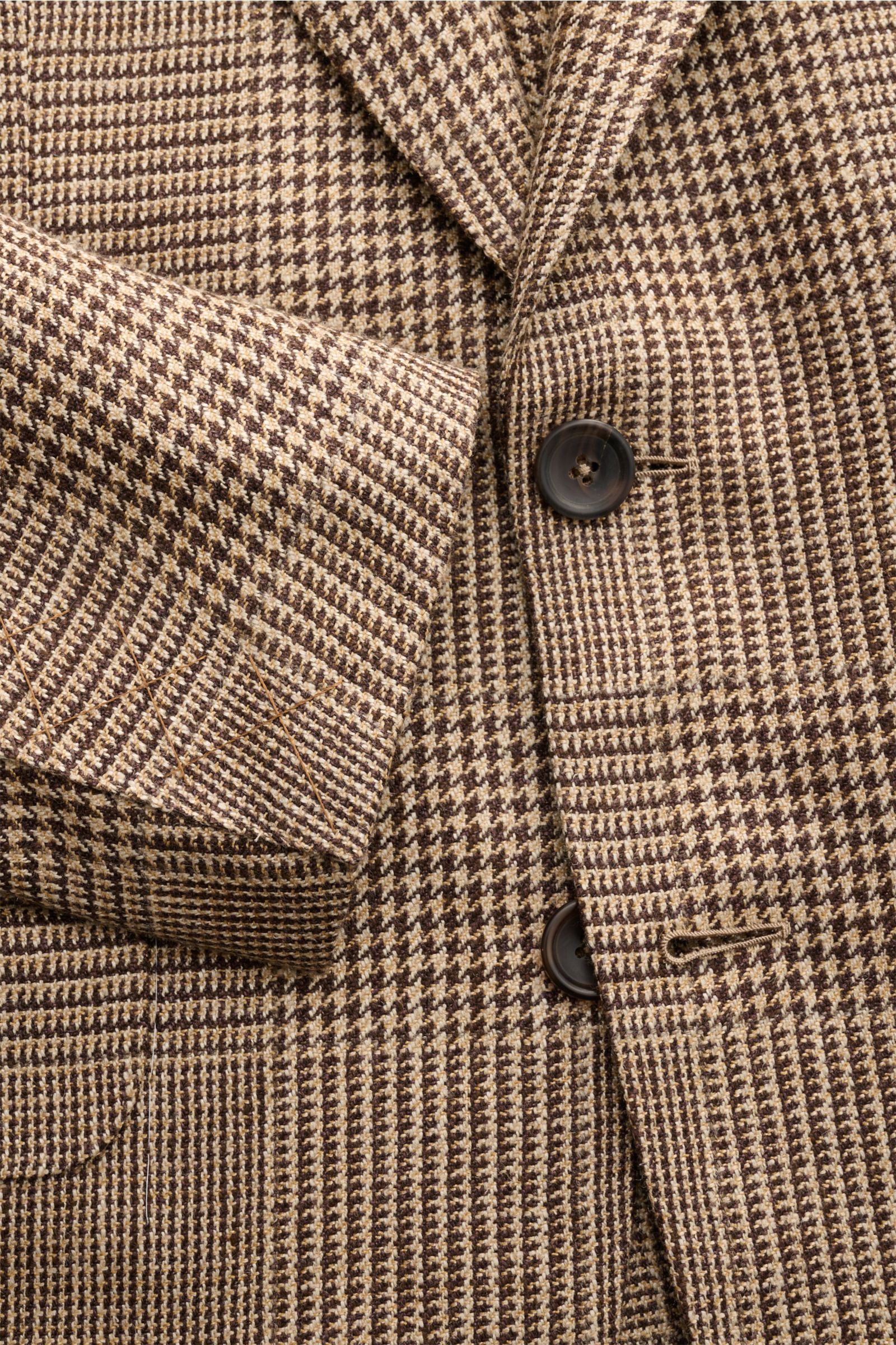 Zegna Sakko dunkelbraun/beige kariert aus Seide, Leinen, Wolle mit Glencheck-Muster, Slim Fit, zwei Knöpfen, fallendem Revers, Detailansicht von vorne.