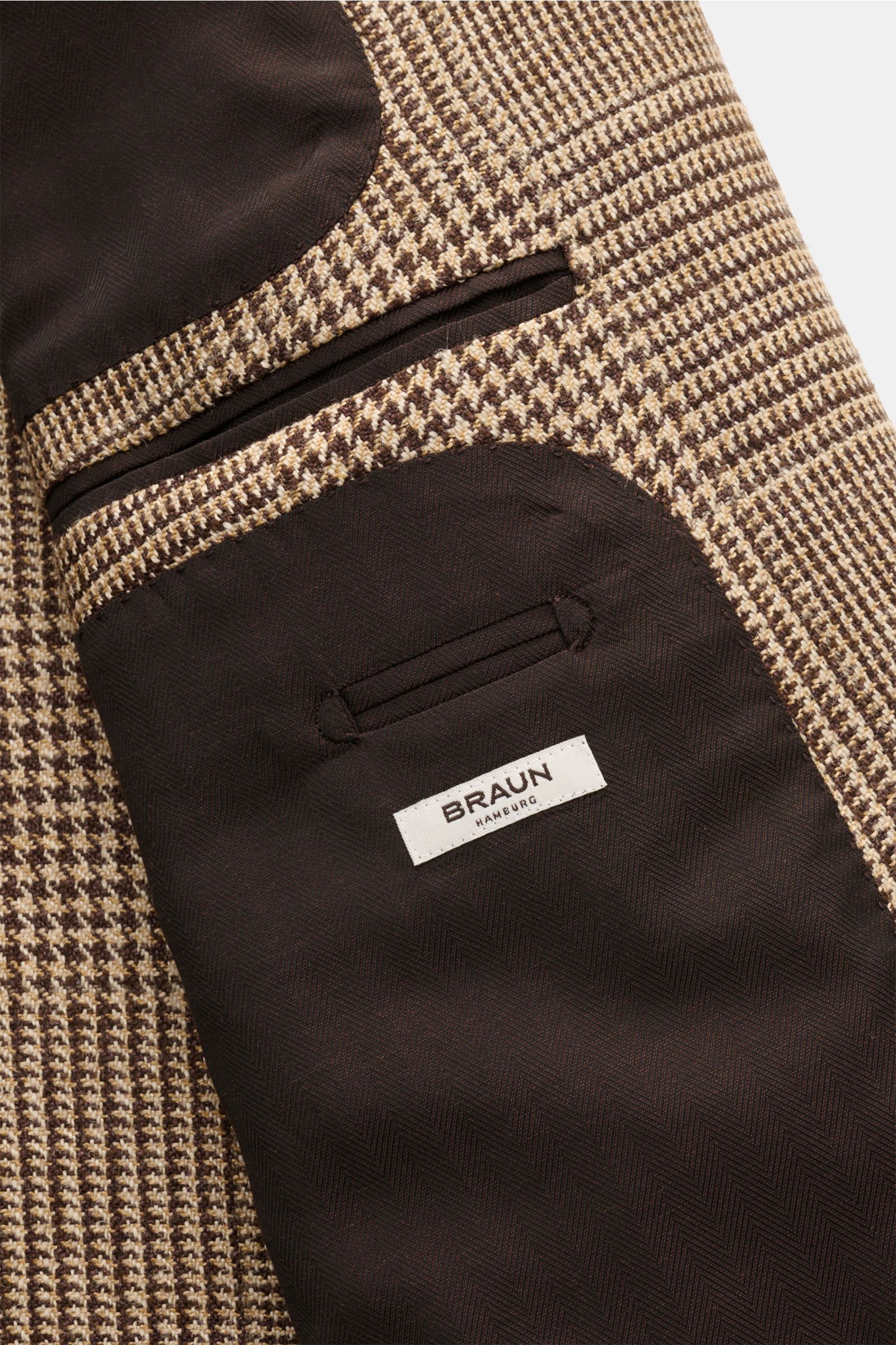 Zegna Sakko dunkelbraun/beige kariert, Innenansicht mit Glencheck-Webmuster, weichem Griff, slim fit, zwei Knöpfen, halb gefüttert, drei Innentaschen.