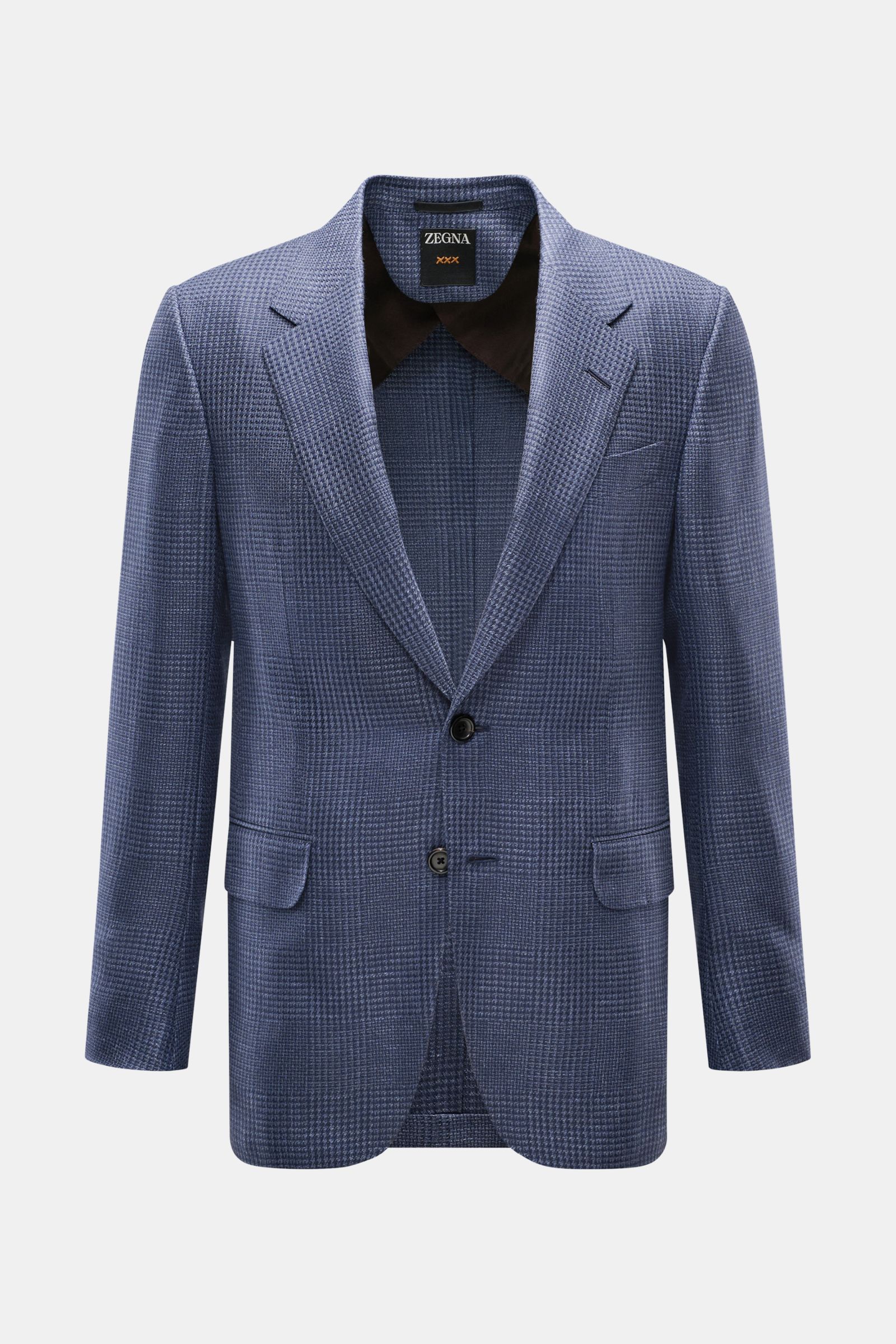 Zegna Sakko 'Atelier' navy/rauchblau kariert, Slim Fit, Glencheck-Karo, Unconstructed Design, frontal aus mittlerer Perspektive fotografiert.
