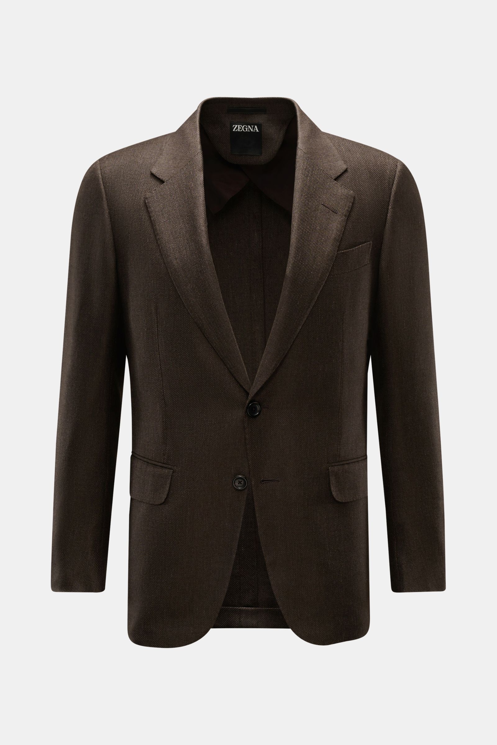 Zegna Sakko dunkelbraun, frontale Ansicht, Slim Fit, zwei Knöpfe, feines Webmuster, Mix aus Cashmere, Seide, Leinen, weicher Griff, Taillierung, Brust- und Hüfttaschen.