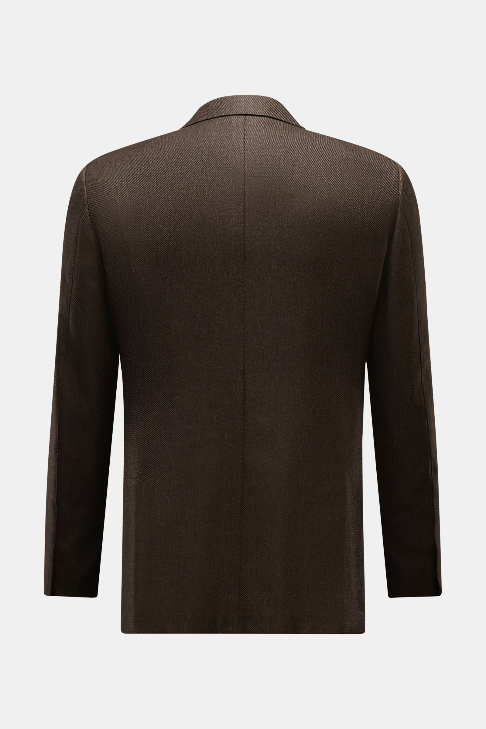 Zegna Sakko dunkelbraun, Rückansicht, Slim Fit Zwei-Knopf-Sakko mit feinem Webmuster aus Cashmere, Seide und Leinen, halb gefüttert, Seitenschlitze.