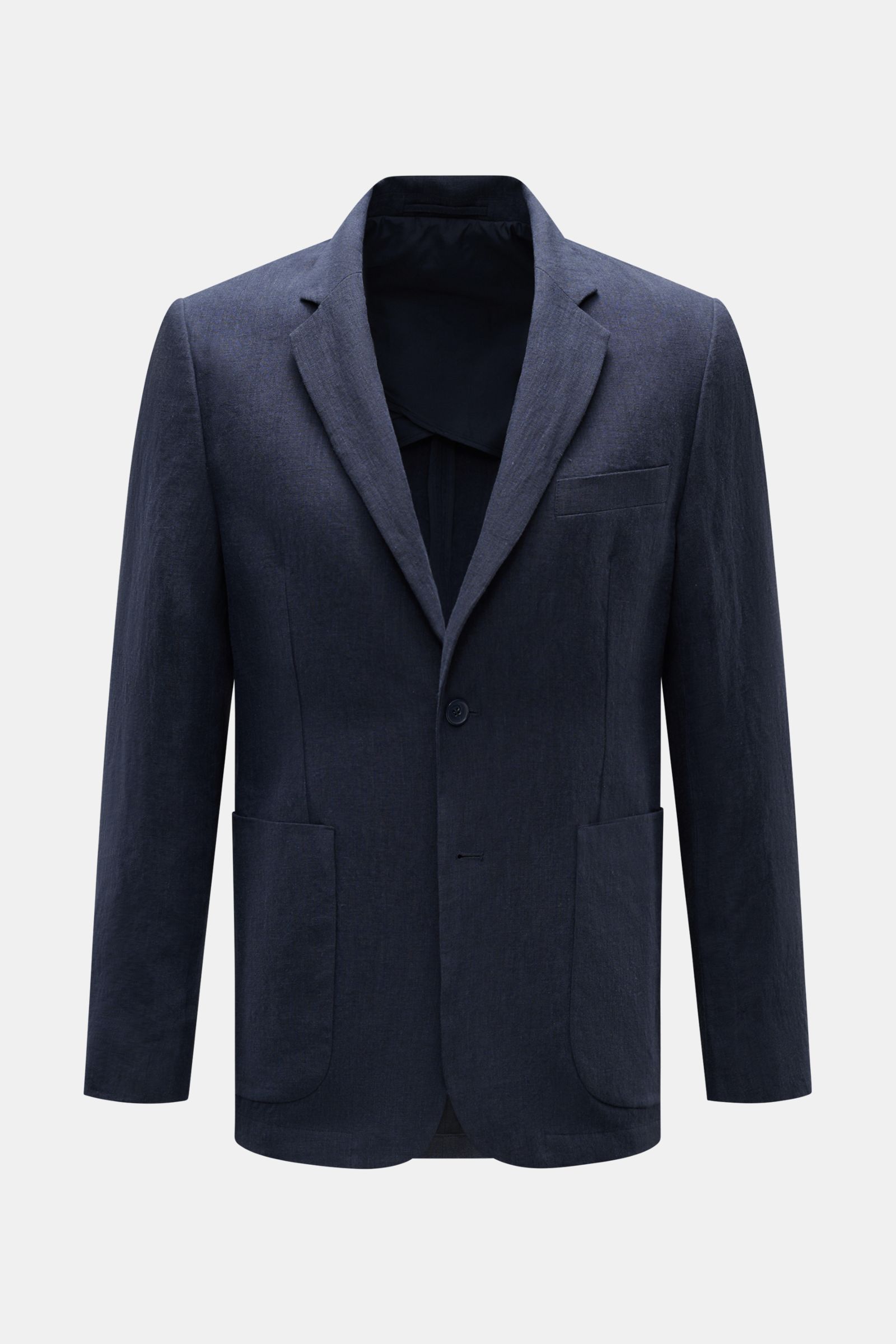 Frontansicht des Percival Sakko 'Tailored Linen' navy aus leicht griffigem Leinen-Baumwoll-Mix, Slim Fit mit fallendem Revers, Brust- und Hüfttaschen, halb gefüttert.