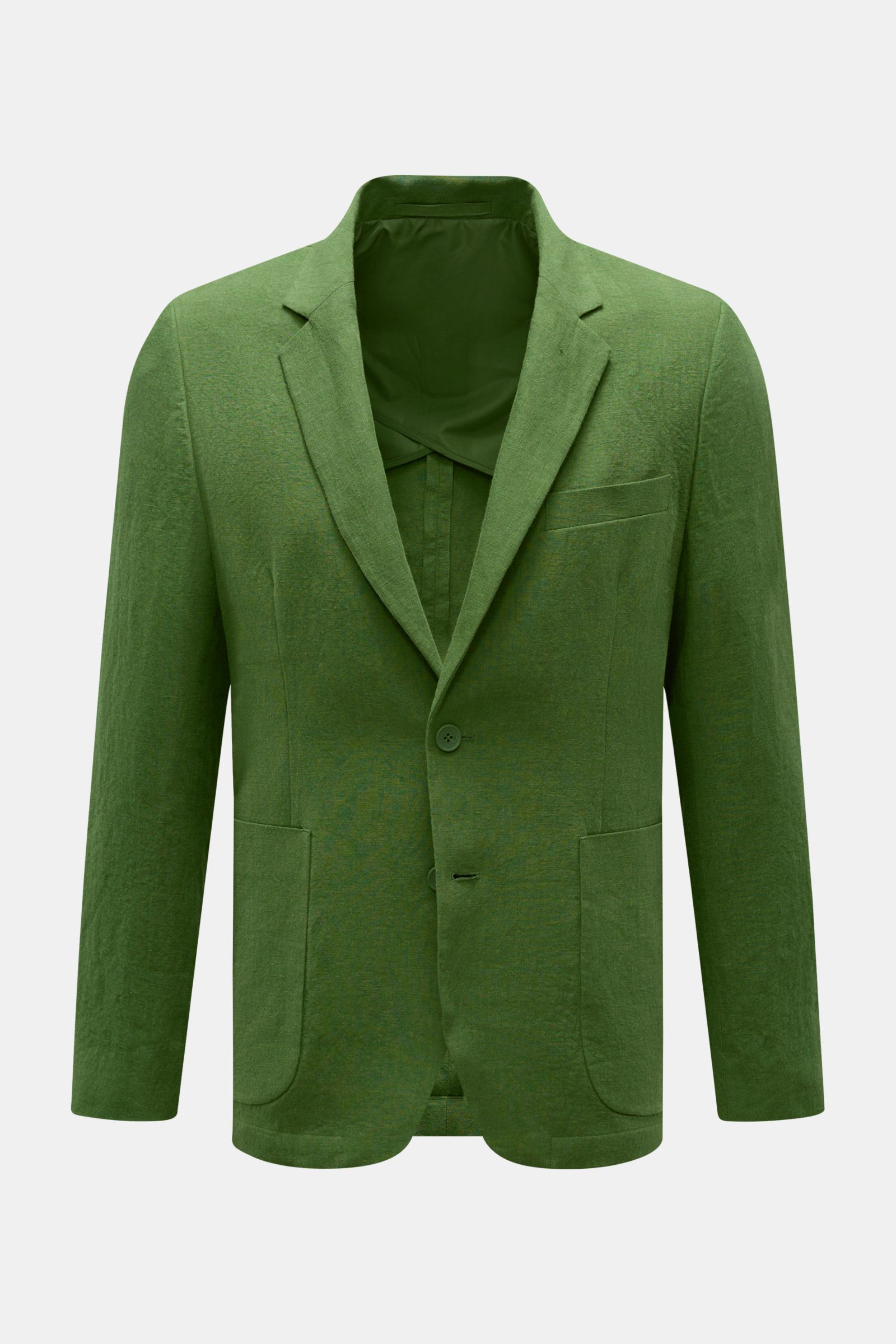 Front view of Percival Smart-casual jacket 'Tailored Linen' green, slim fit with step lapel, breast pocket, patch hip pockets, and button cuffs.

Combines texture and everyday suitability: This versatile smart-casual jacket by PERCIVAL combines maximum