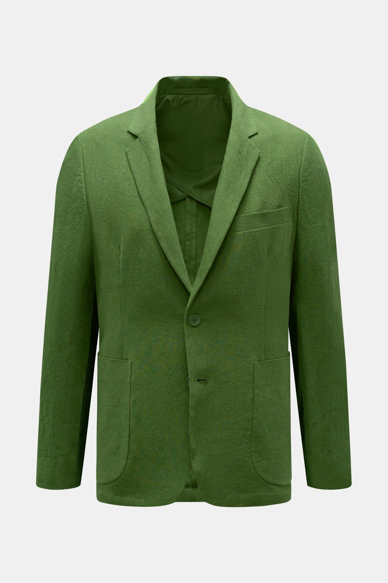 Front view of Percival Smart-casual jacket 'Tailored Linen' green, featuring a slim fit, step lapel, classic breast pocket, patch hip pockets, buttoned cuffs, side vents, half lining, and two inside pockets. Combines texture and everyday suitability: This