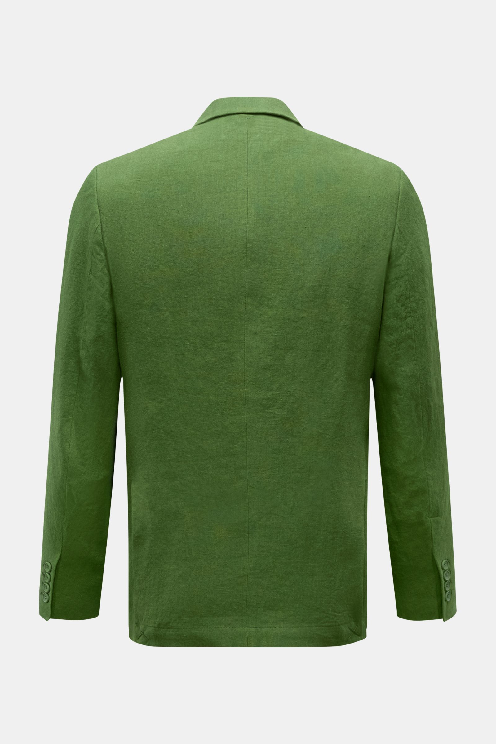 Back view of Percival Smart-casual jacket 'Tailored Linen' green, showing slim fit, step lapel, cuffs with buttons, and side vents.

Combines texture and everyday suitability: This versatile smart-casual jacket by PERCIVAL combines maximum comfort with