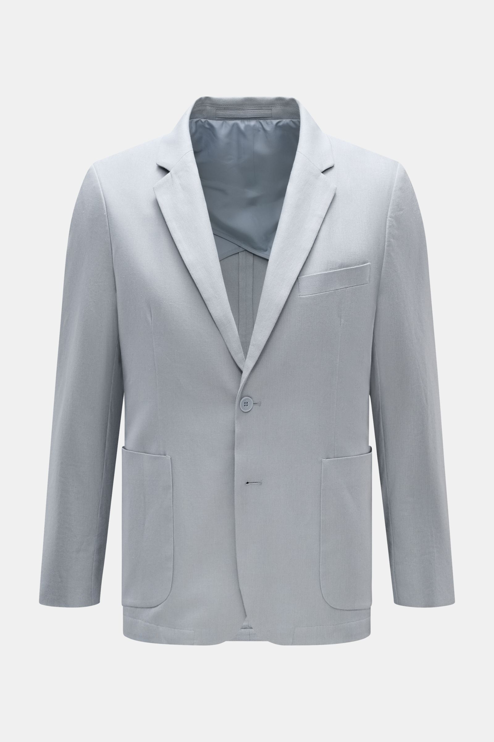 Percival Sakko 'Tailored Linen' rauchblau, Slim Fit aus atmungsaktivem Leinen-Baumwoll-Mix, frontale Sicht mit fallendem Revers, Brust- und Hüfttaschen.