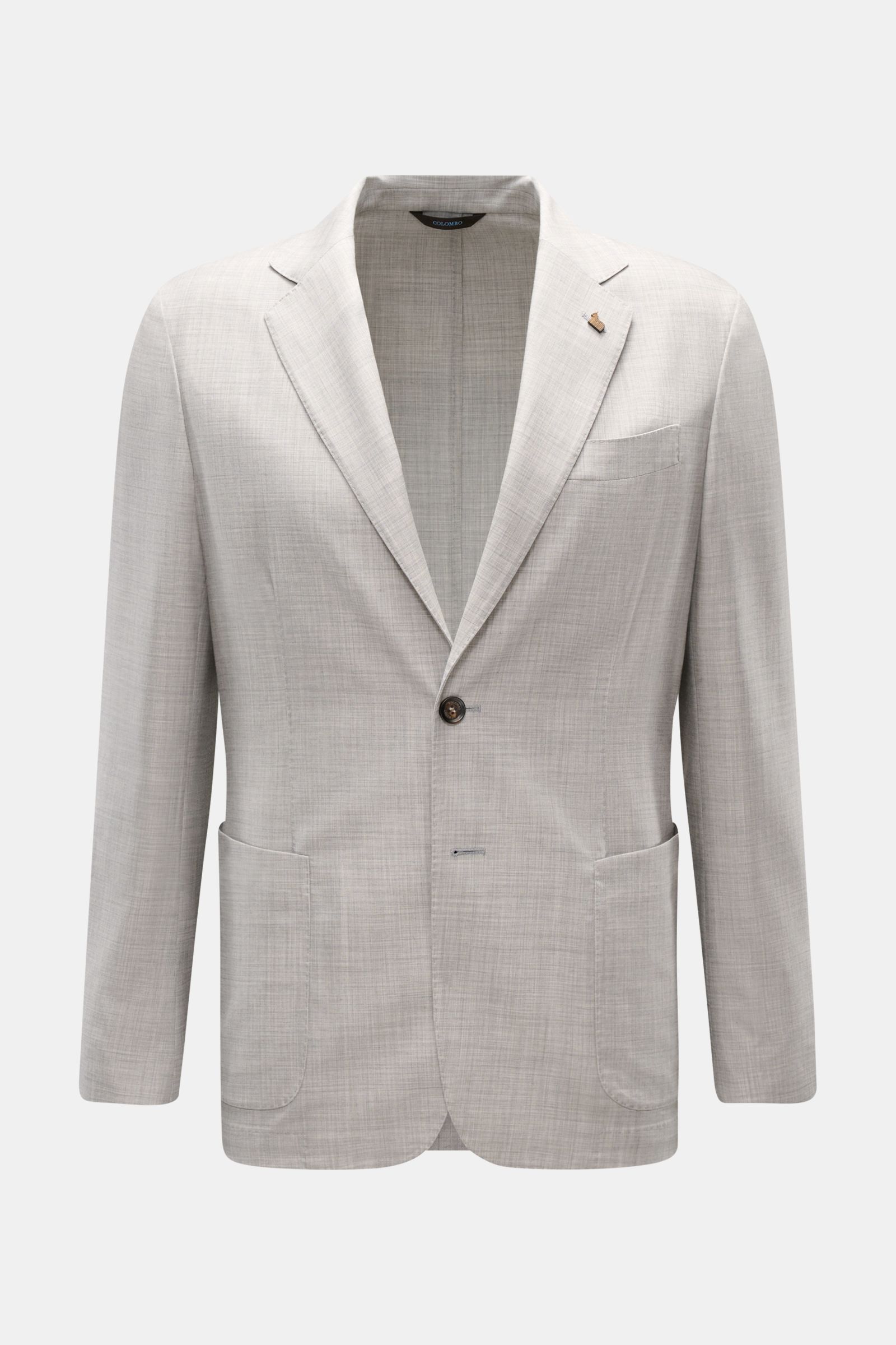 Colombo Cashmere jacket 'Robert' light grey mottled, front view, slim fit, step lapel, two-button, patch hip pockets, classic breast pocket, lightweight combed cashmere fabric. 

Combed cashmere 4.0 is the lightest cashmere fabric in the world: The sum