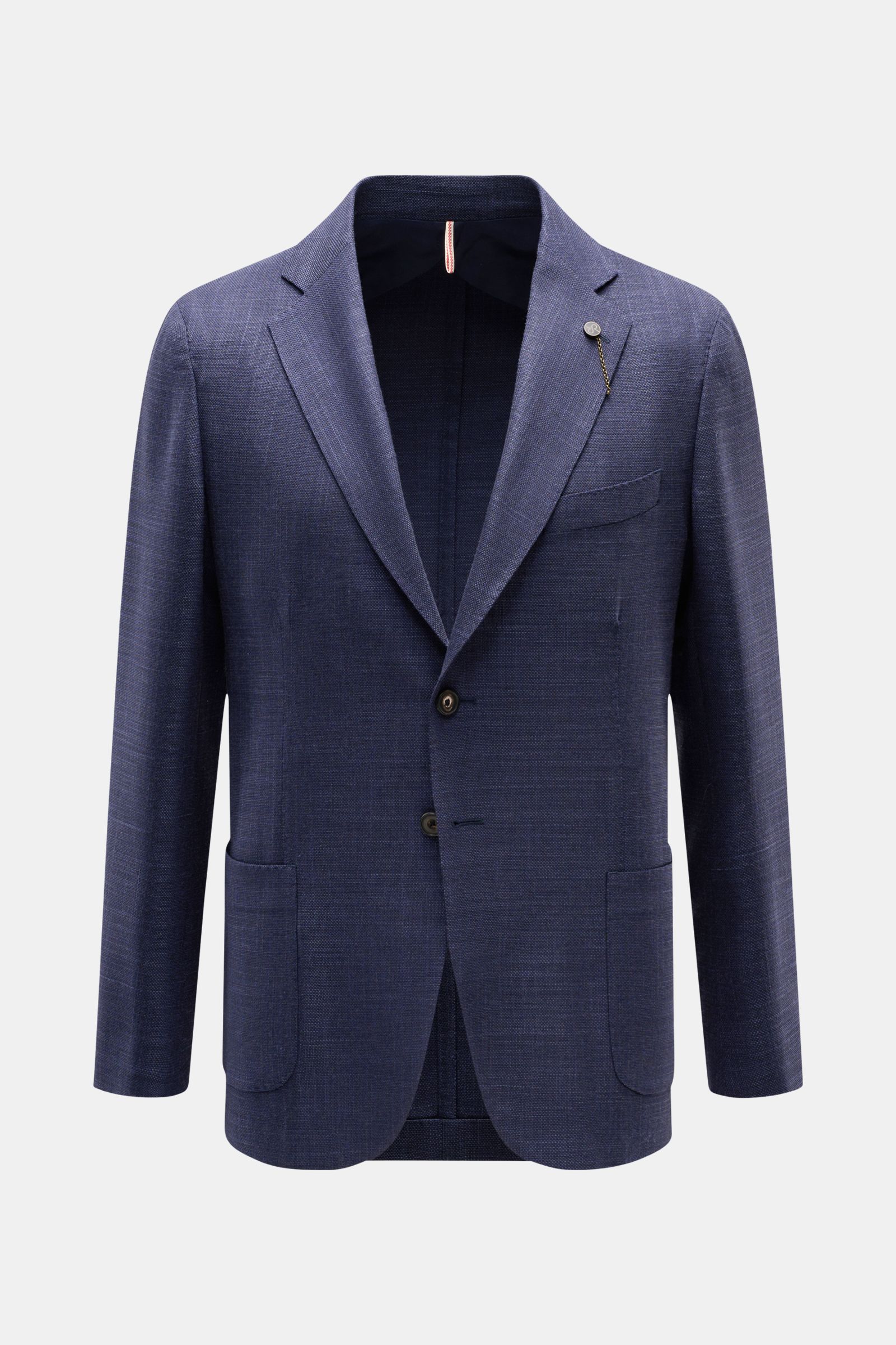 Santaniello Sakko dunkelblau aus Wolle-Seiden-Mix, Slim Fit, tailliert, mit fallendem Revers, Brusttasche, Hüfttaschen, frontal fotografiert.