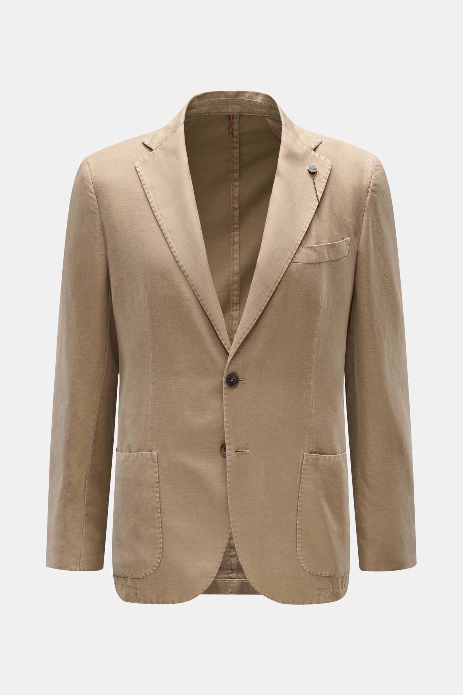 Santaniello Sakko taupe, frontale Ansicht, Slim Fit, taillierter Zwei-Knopf-Stil, Baumwolle-Leinen-Mix, fallendes Revers mit Label-Pin, Brust- und Hüfttaschen, Unconstructed Design.
