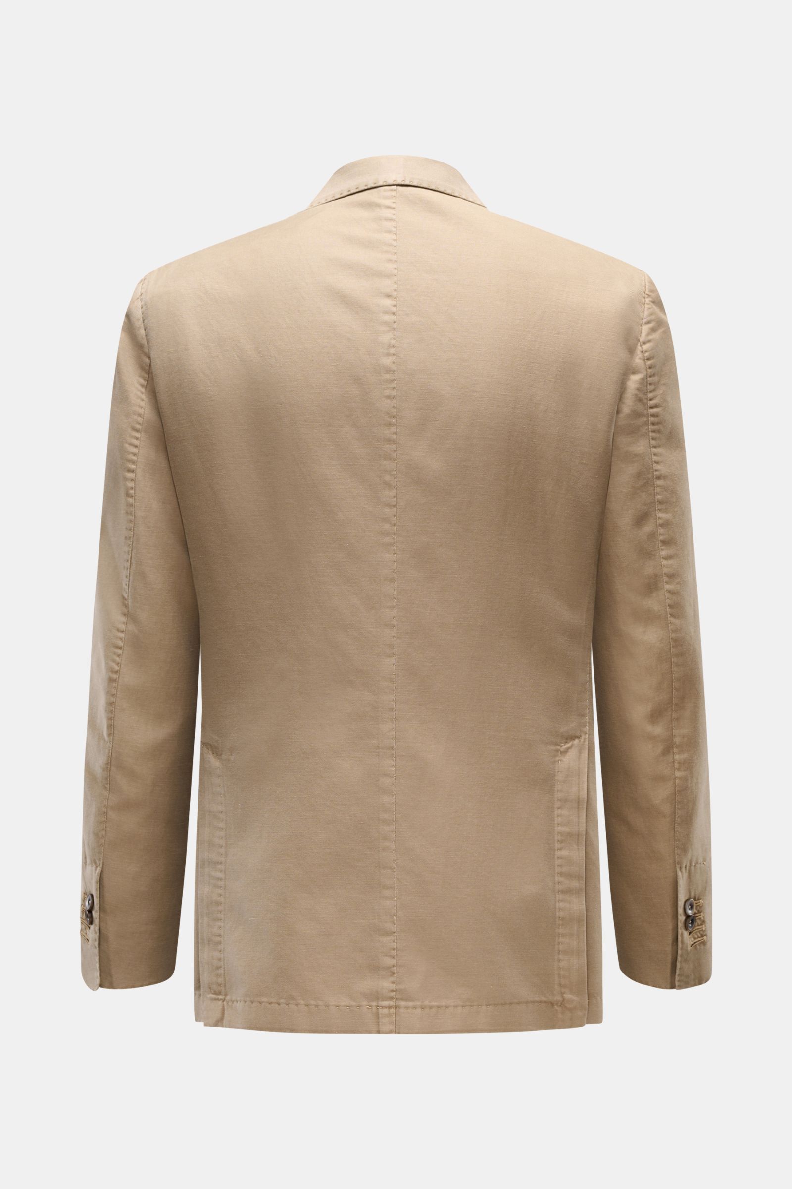 Rückansicht des taillierten Santaniello Sakko taupe aus Baumwolle, Leinen und Mohair, Slim Fit, mit Seitenschlitzen und Unconstructed Design.
