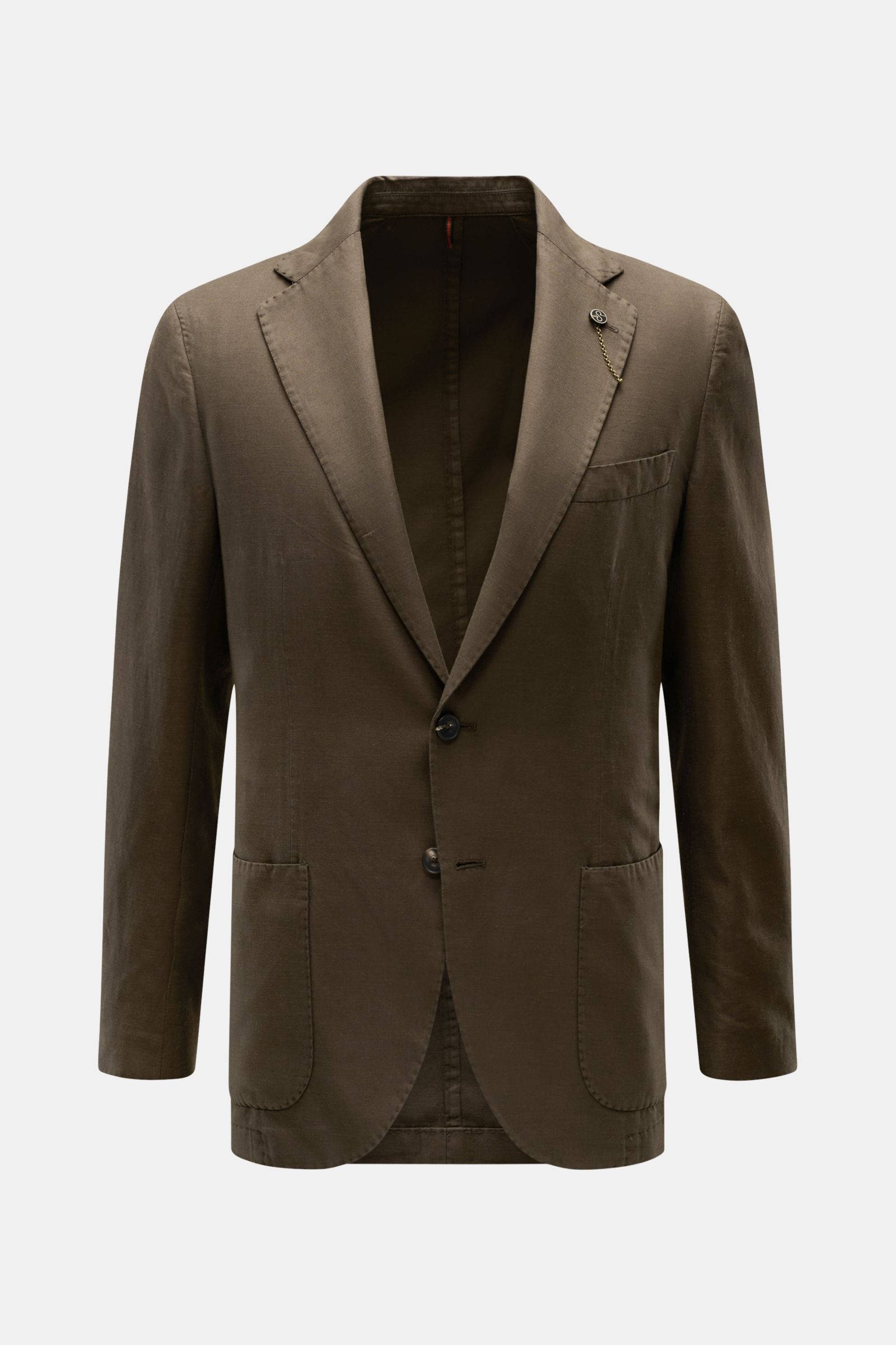 Santaniello Smart-casual jacket dark brown shown from front, slim fit with step lapel, label pin, patch pockets, two-button style, soft cotton-linen-mohair blend. 

Modern tailoring for the transitional period: This smart-casual jacket by SANTANIELLO e