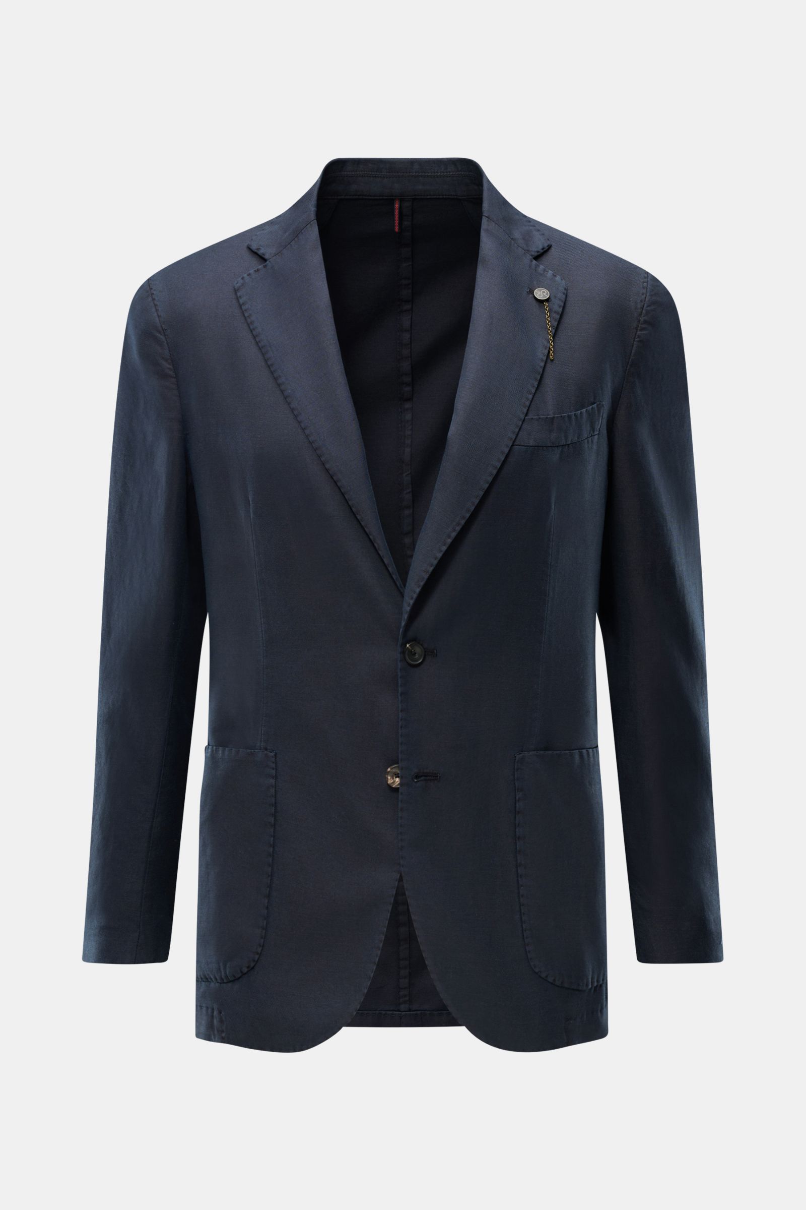 Santaniello Smart-casual jacket navy shown from the front, slim fit, two-button style with step lapel and label pin, classic breast pocket, patch hip pockets, kissing buttons, side vents at back, unconstructed design in cotton, linen and mohair blend with