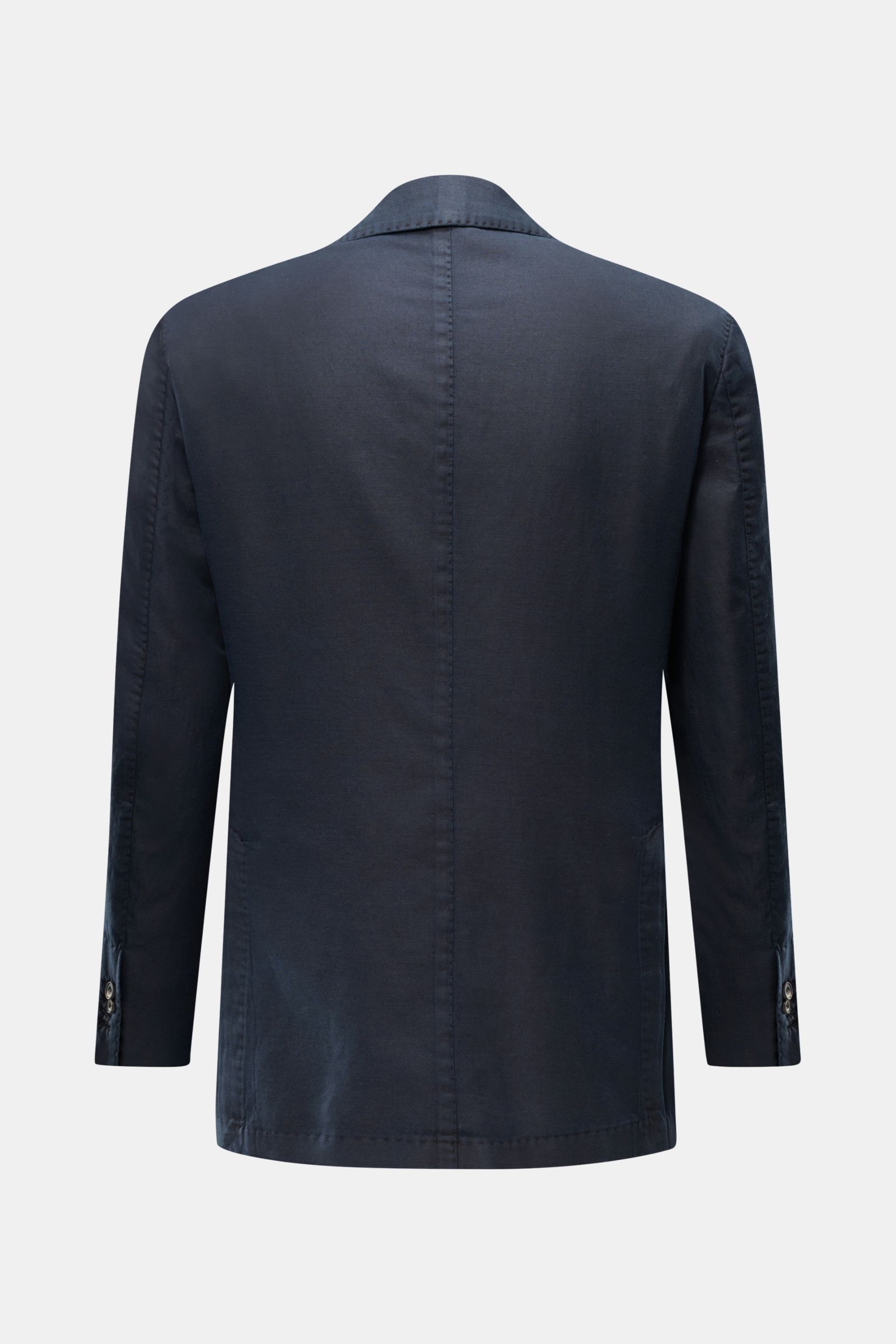 Back view of the Santaniello Smart-casual jacket navy, made from a cotton, linen, and mohair blend with a soft feel and slim fit.

Description: Modern tailoring for the transitional period: This smart-casual jacket by SANTANIELLO enhances numerous spri