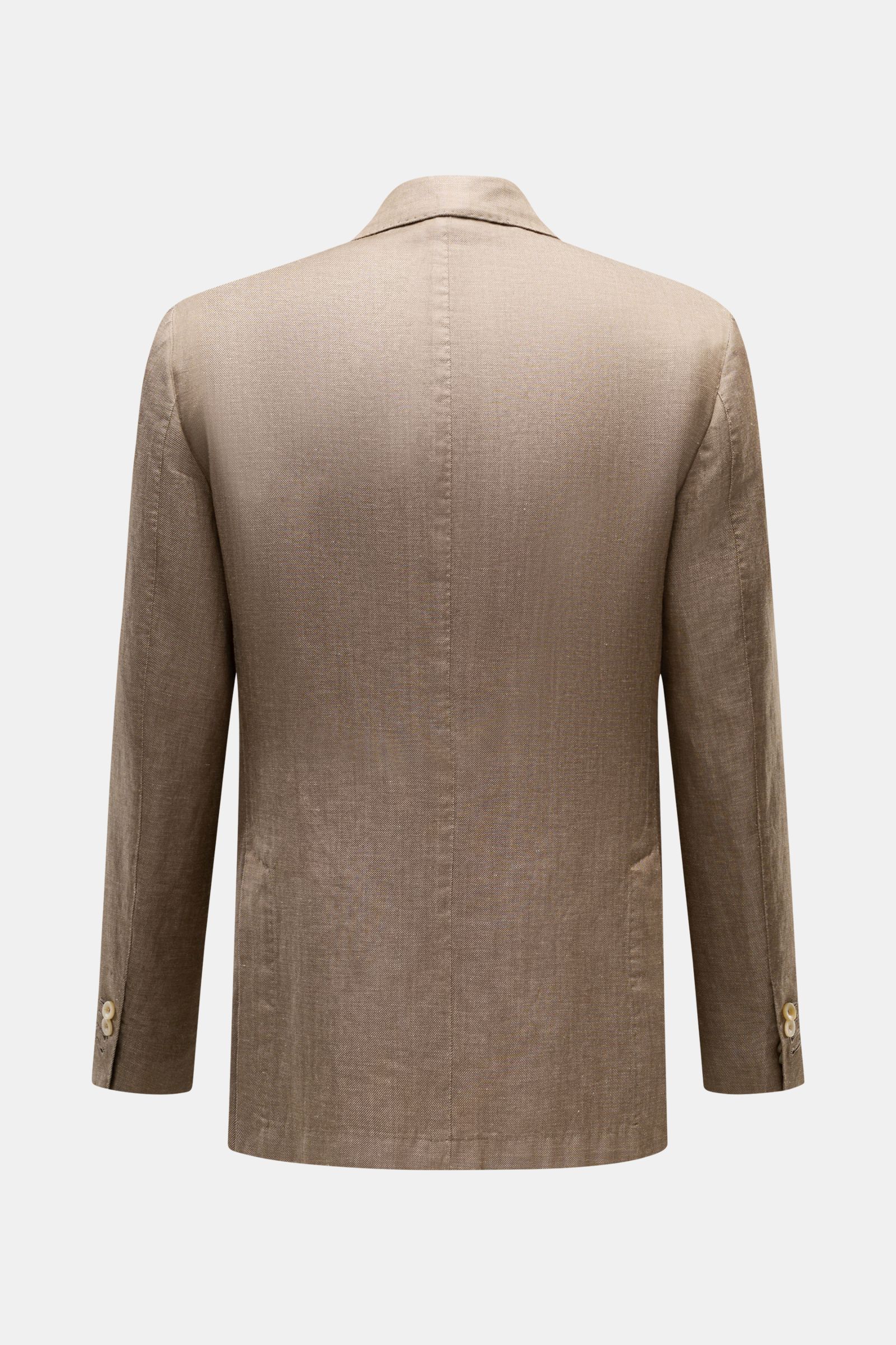 Santaniello Sakko graubraun meliert, Slim Fit, weicher Griff, Mix Wolle-Leinen, zweireihig, Rückansicht mit Seitenschlitzen, Unconstructed Design.