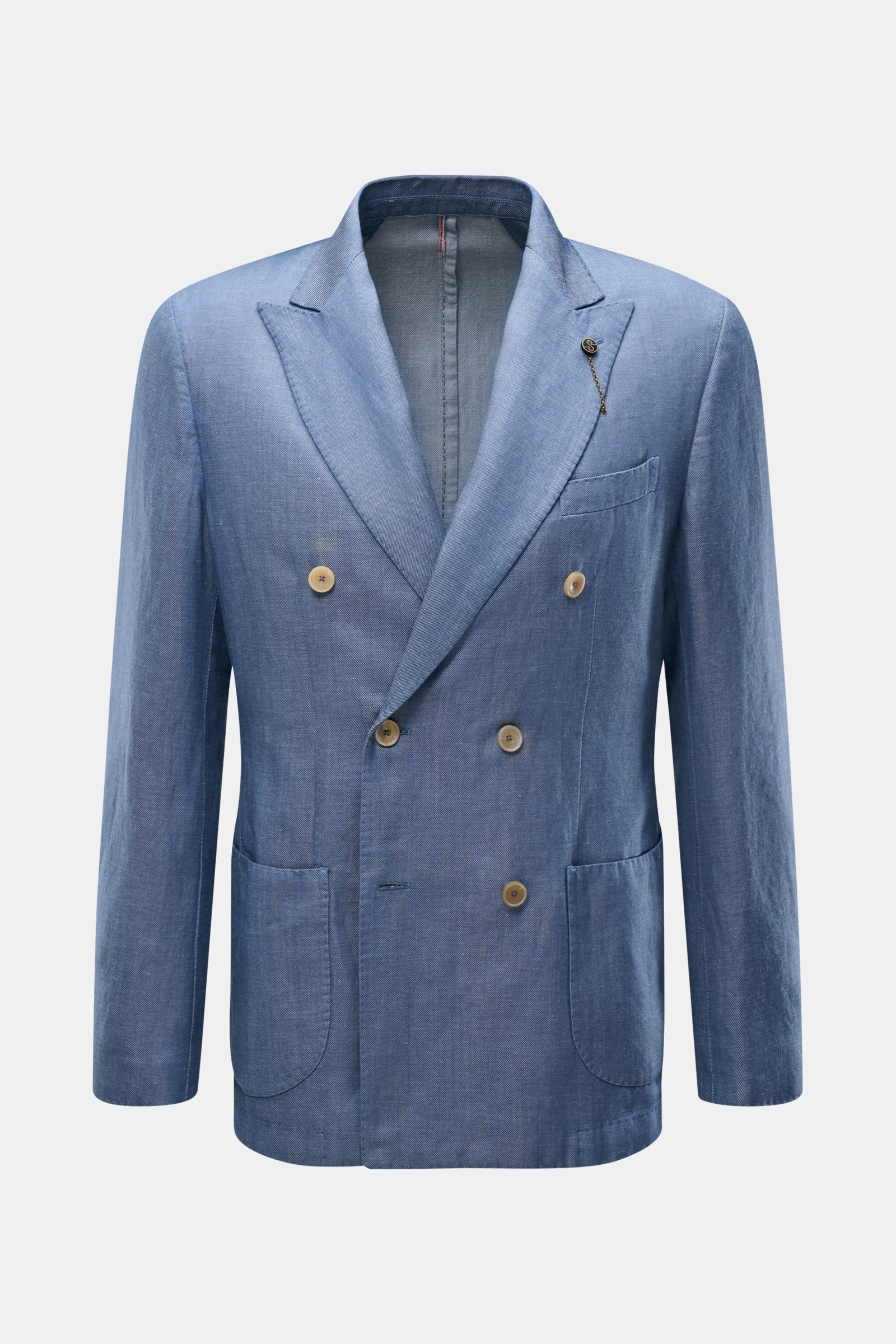 Santaniello Smart-casual jacket grey-blue mottled, front view of a slim fit, double-breasted three-button wool-linen blend jacket with pointed lapel, classic breast pocket, patch hip pockets, kissing buttons, side vents, unconstructed design, and three in