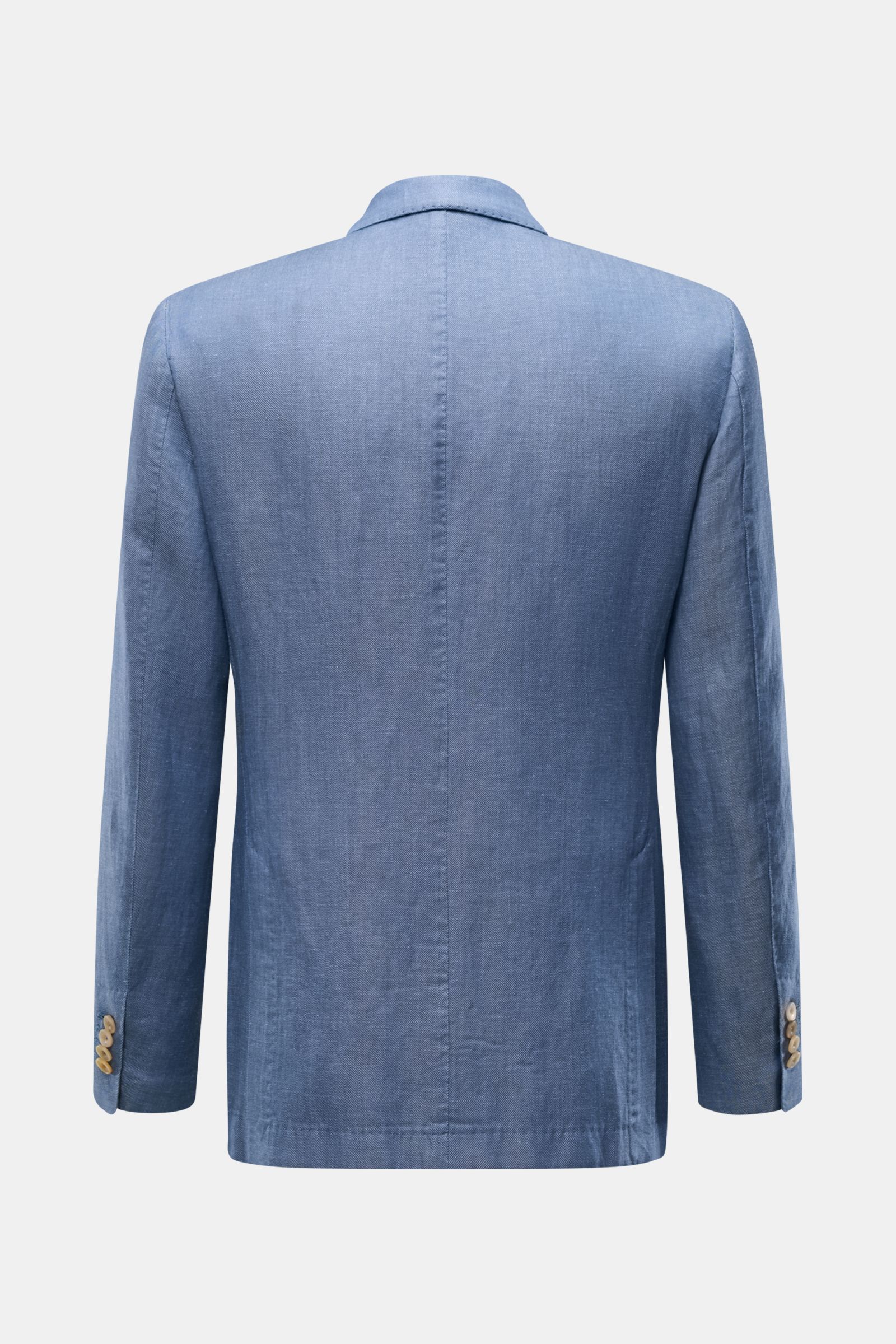 Santaniello Smart-casual jacket grey-blue mottled shown from the back, highlighting the fine wool-linen blend, slim fit, and unconstructed design. Classic elegance for the new season: This double-breasted smart-casual jacket by SANTANIELLO in fine wool wi