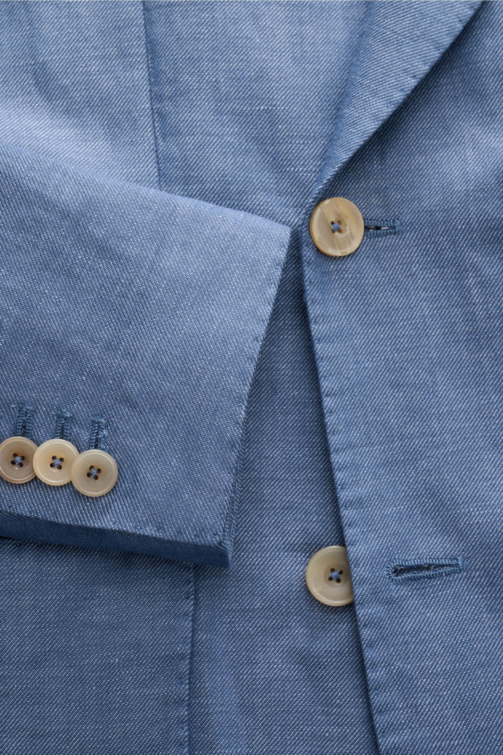 Santaniello Smart-casual jacket grey-blue mottled shown close-up from above, highlighting soft wool-linen fabric, buttons, and slim fit details. Classic elegance for the new season: This double-breasted smart-casual jacket by SANTANIELLO in fine wool with