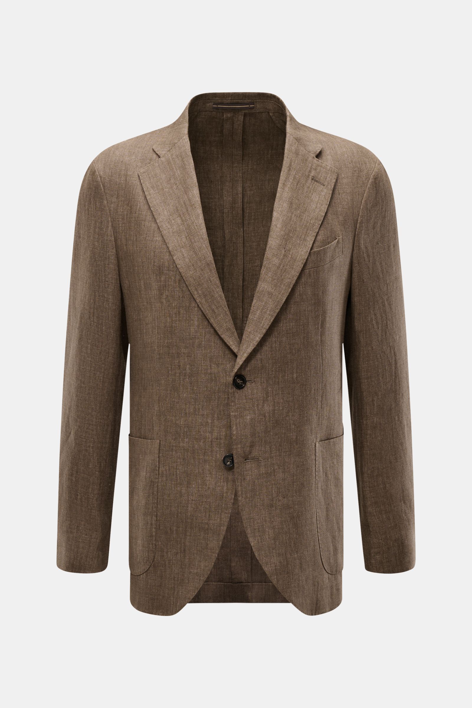 Front view of Incotex Linen jacket grey-brown mottled, a slim fit, two-button style jacket in pure linen with step lapel, classic breast pocket, patch hip pockets, kissing buttons, unconstructed design, and two inside pockets, perfect for stylish summer w