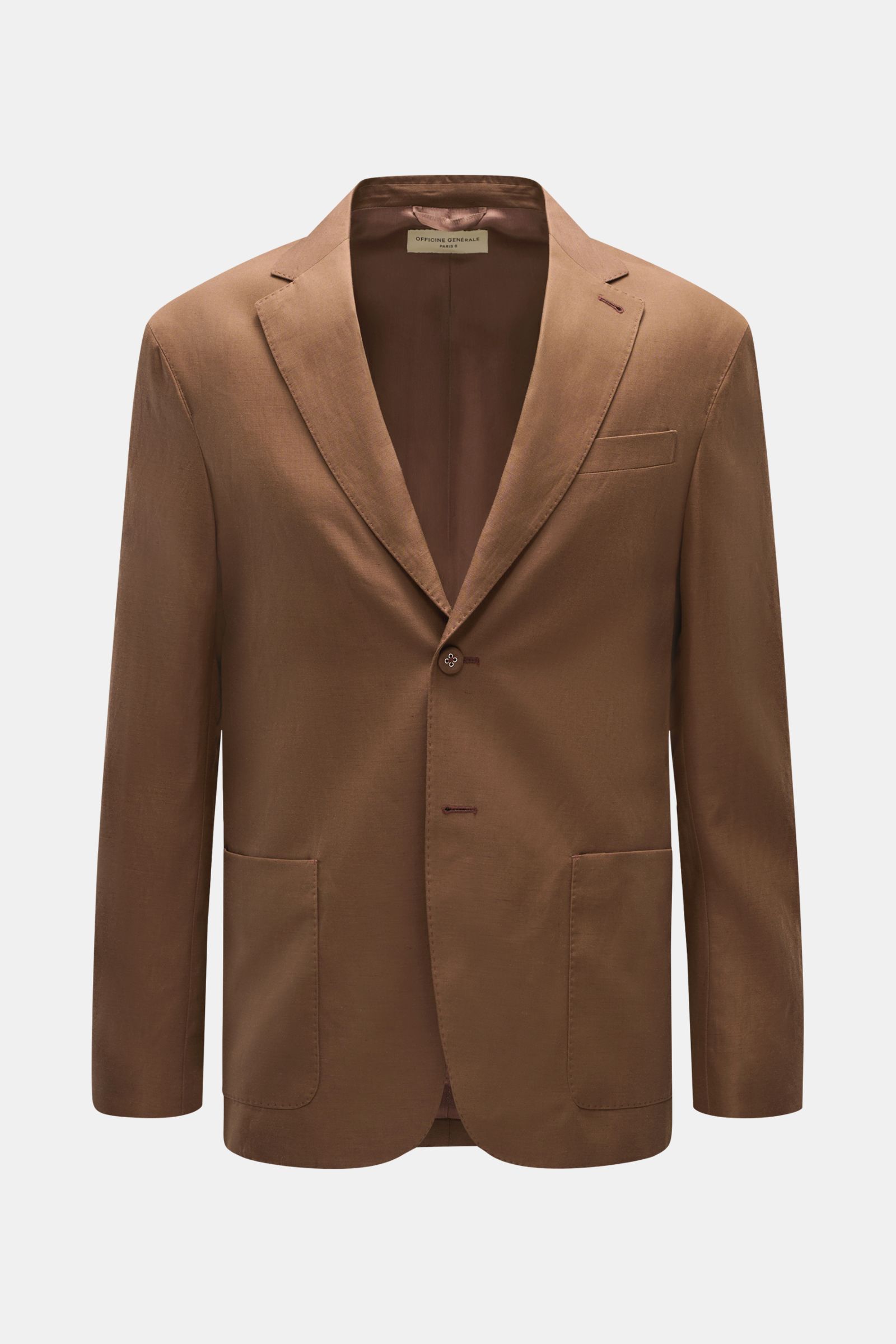 Officine Générale Smart-casual jacket 'Michel' brown photographed from the front, slim fit with two-button style, step lapel, classic breast pocket, patch hip pockets, kissing buttons, side vents at the back, glossy lining, two inside pockets, made from a
