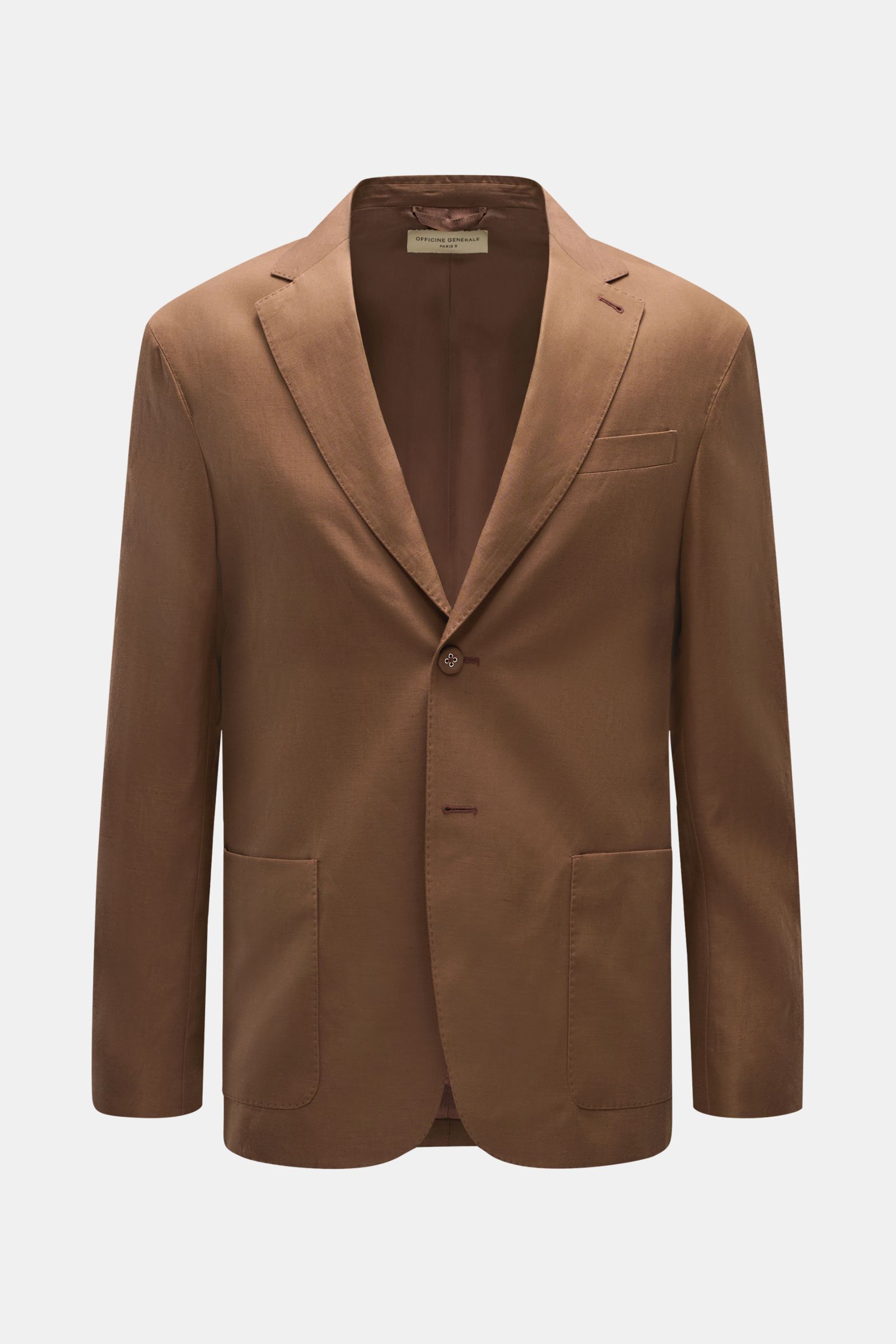 Officine Générale Sakko 'Michel' braun, Slim Fit, aus Lyocell, Leinen, Baumwolle, frontale Nahaufnahme mit fallendem Revers, Brust- und Hüfttaschen, Kissing Buttons.