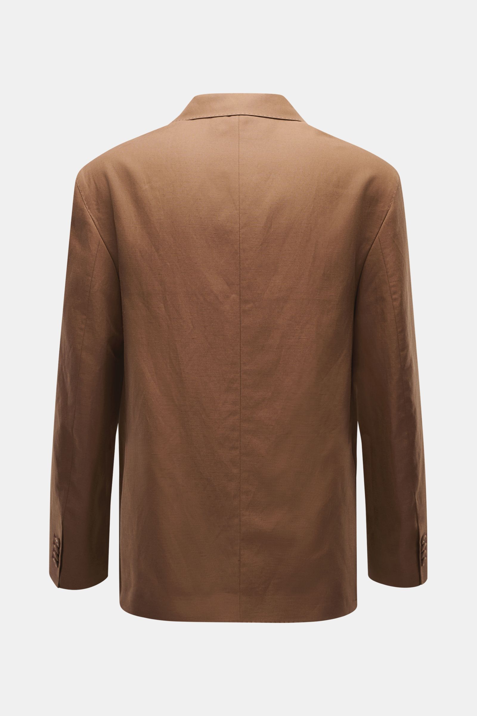 Officine Générale Smart-casual jacket 'Michel' brown shown from the back, made of lightweight lyocell, linen, and cotton blend with a smooth feel. Minimalist design with slim fit, step lapel, two-button style, patch hip pockets, classic breast pocket, kis