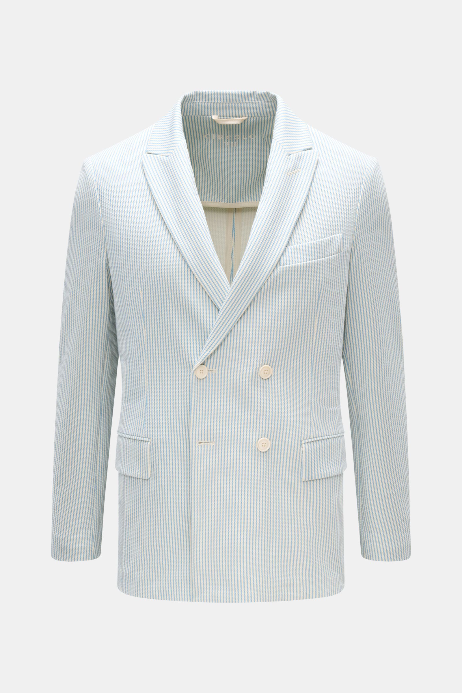 Circolo 1901 Jersey-Sakko weiß/hellblau gestreift, Slim Fit, tailliert, zwei Knöpfe, fallendes Revers, Brusttasche, Hüfttaschen, Unconstructed-Design, von vorne.
