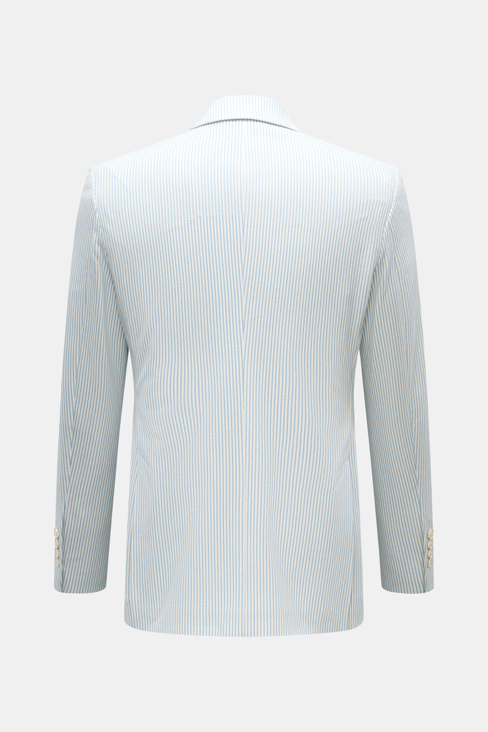 Circolo 1901 Jersey-Sakko weiß/hellblau gestreift, Rückansicht, Slim Fit, elastischer Jersey, zwei Knöpfe, fallendes Revers, Seitenschlitze.
