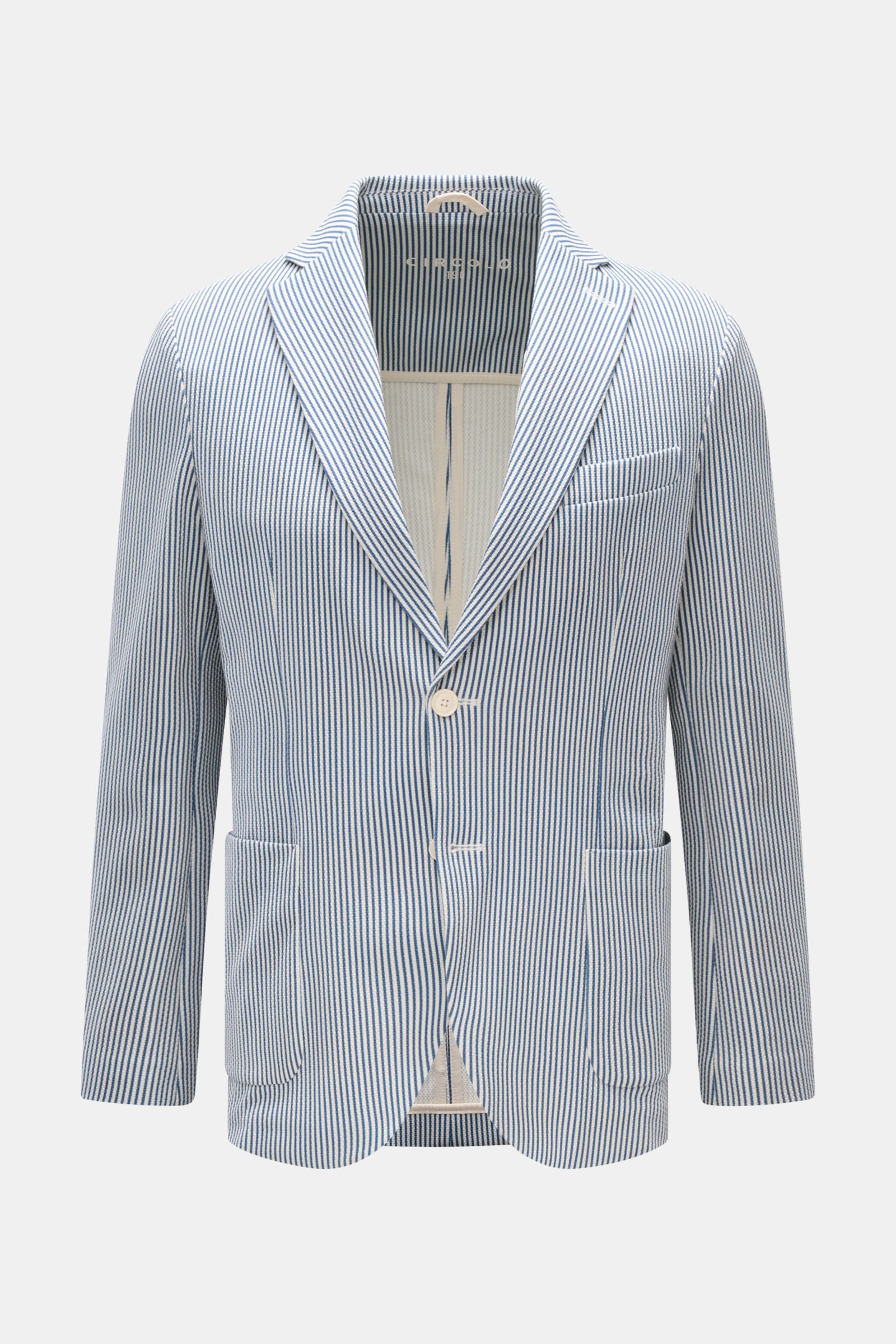 Circolo 1901 Jersey-Sakko weiß/blau gestreift, Slim Fit, leichtes Jersey, zwei Knöpfe, fallendes Revers, Brust- und Hüfttaschen, Unconstructed-Design, frontale Ansicht.