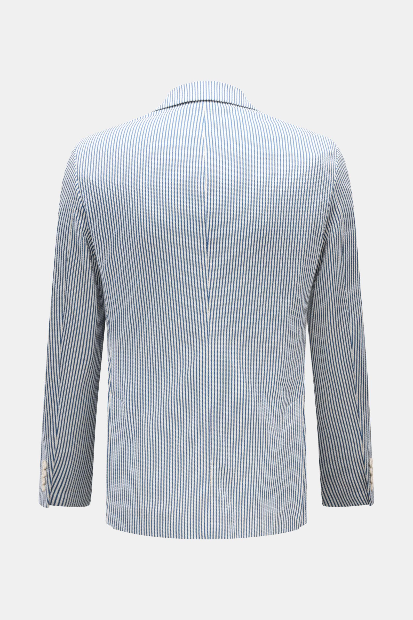 Circolo 1901 Jersey-Sakko weiß/blau gestreift, Rückansicht, Slim Fit, leichter Jersey in sommerlicher Seersucker-Optik, zwei Knöpfe, Seitenschlitze.