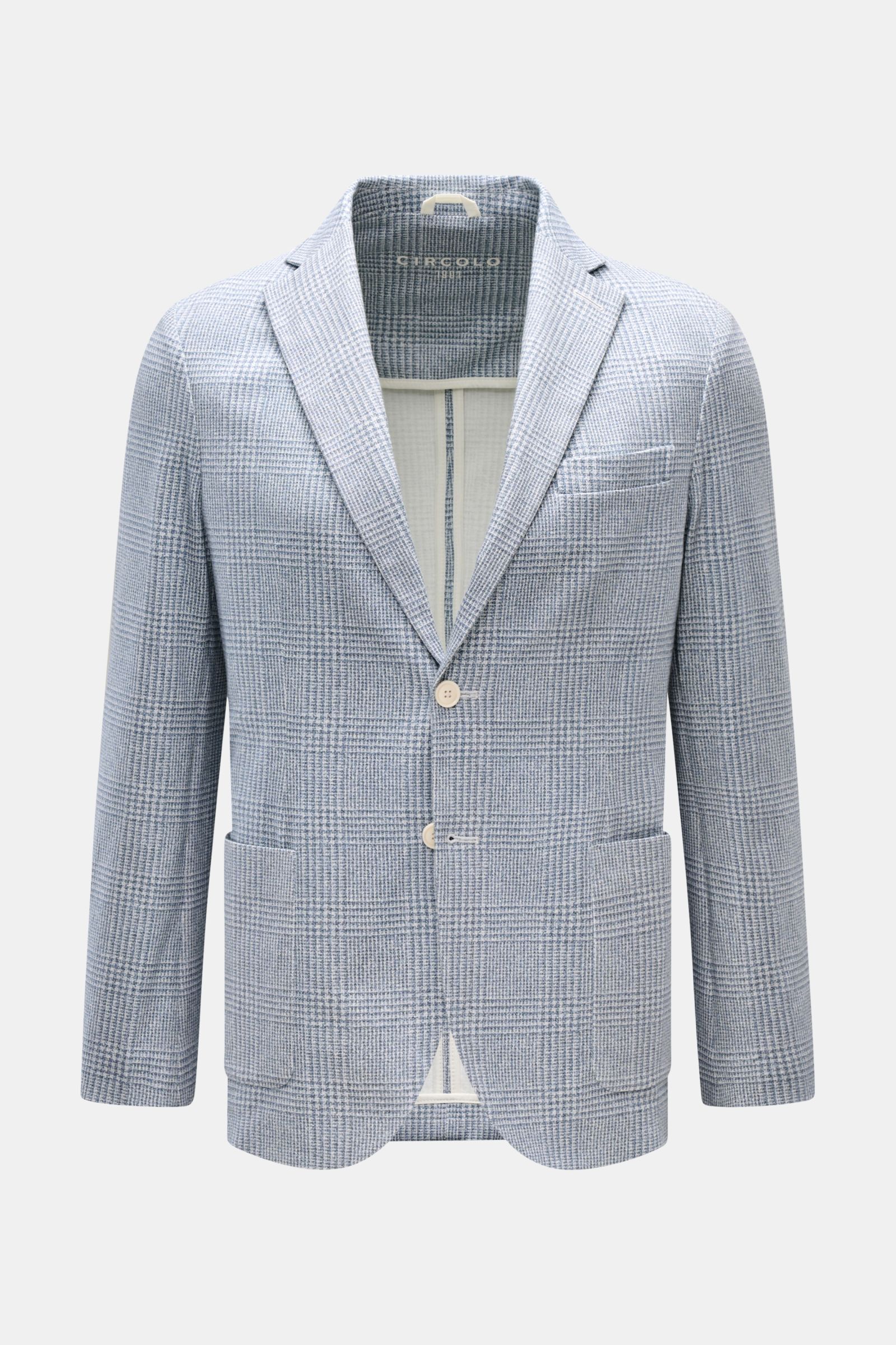 Circolo 1901 Jersey-Sakko rauchblau/weiß kariert, Slim Fit, tailliert, Jersey-Baumwolle, Unconstructed-Design, frontale Perspektive.