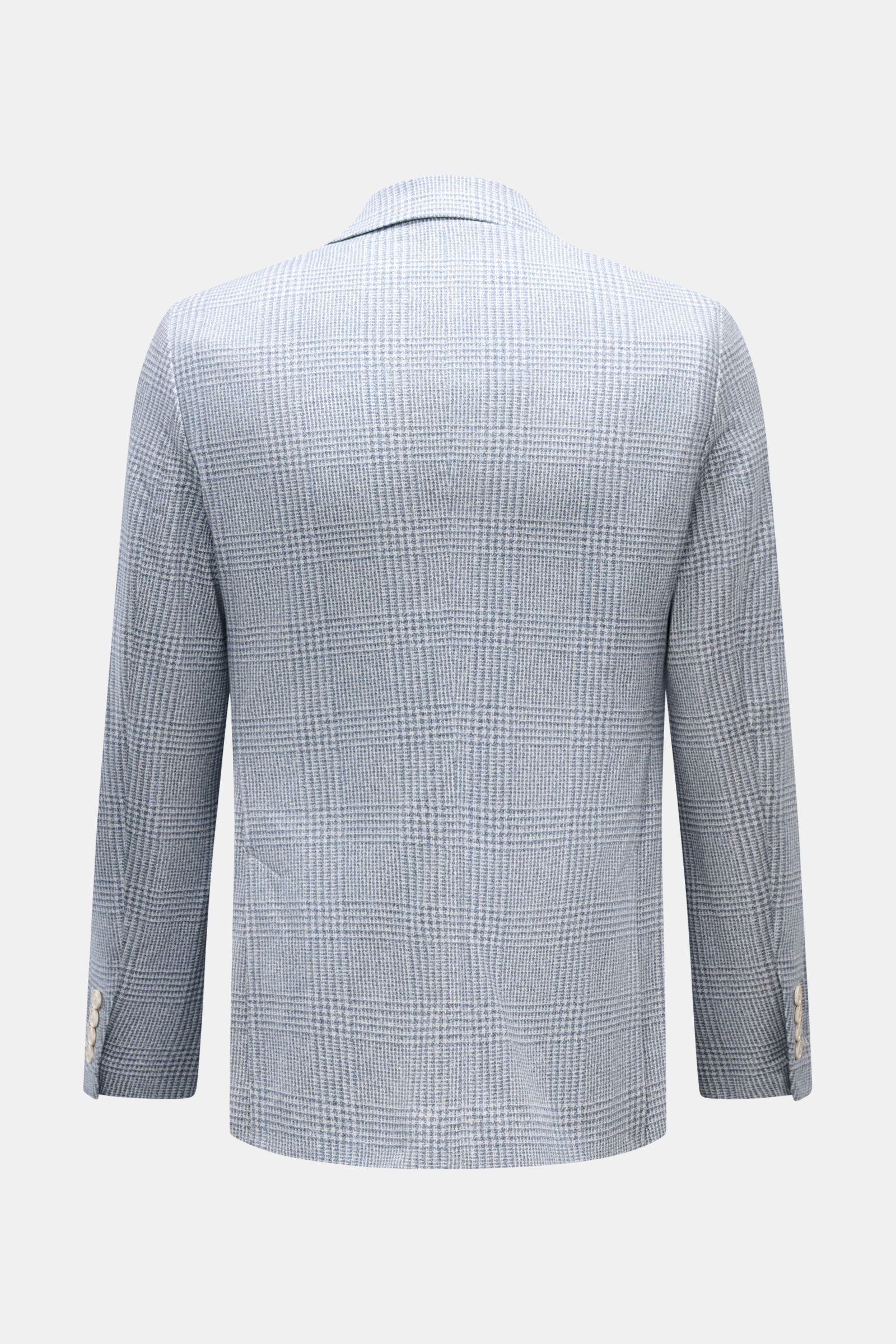 Circolo 1901 Jersey-Sakko rauchblau/weiß kariert, Rückansicht, leichter Jersey, Slim Fit, tailliert, fallendes Revers, Seitenschlitze, Knöpfe am Ärmel, klassische Taschen.