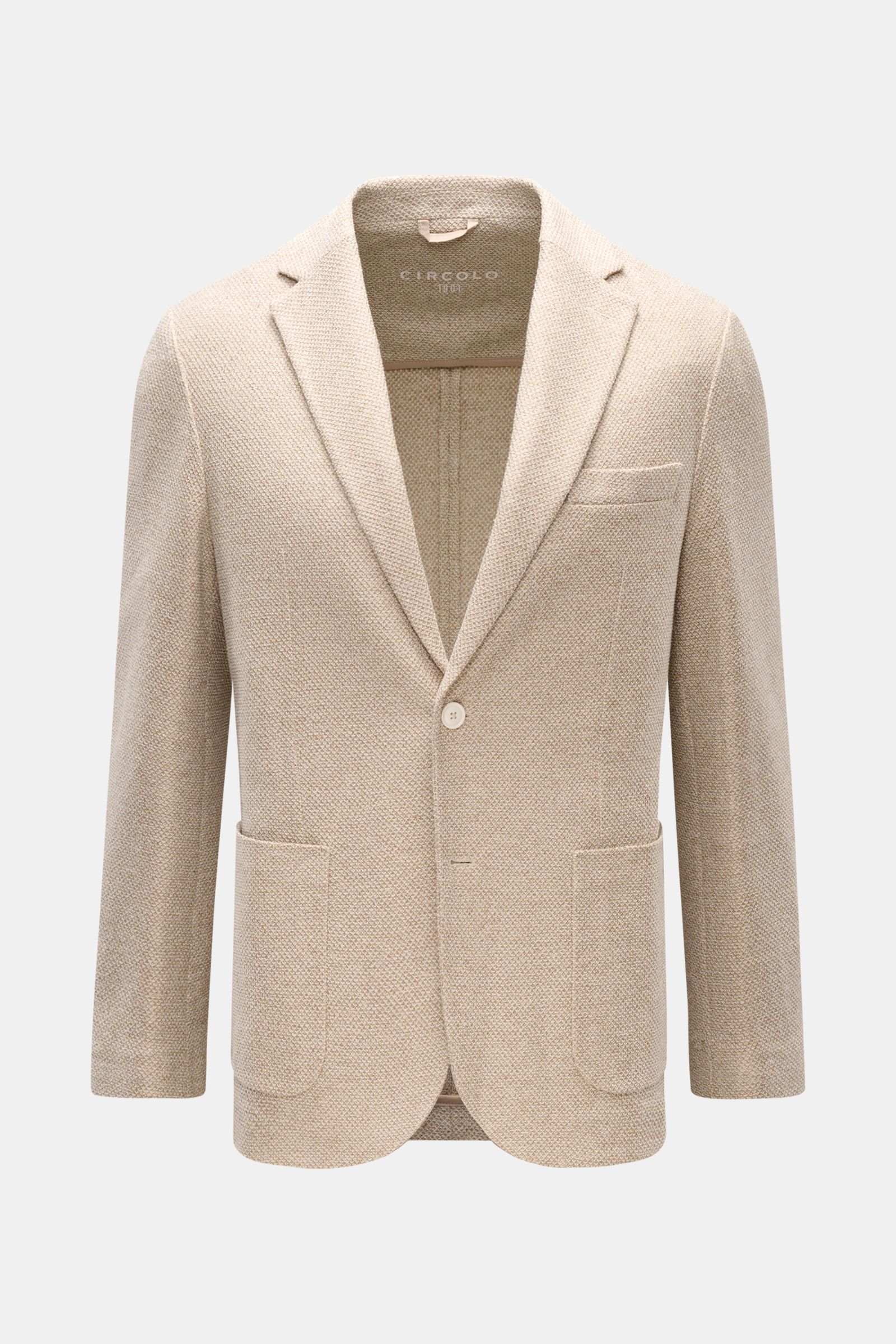 Front view of Circolo 1901 Smart-casual jacket beige mottled, a slim fit two-button linen blend jacket with textured weave.

Description: This slim fit smart-casual jacket in a linen blend in slightly stretchy fabric by CIRCOLO 1901 features a contempo