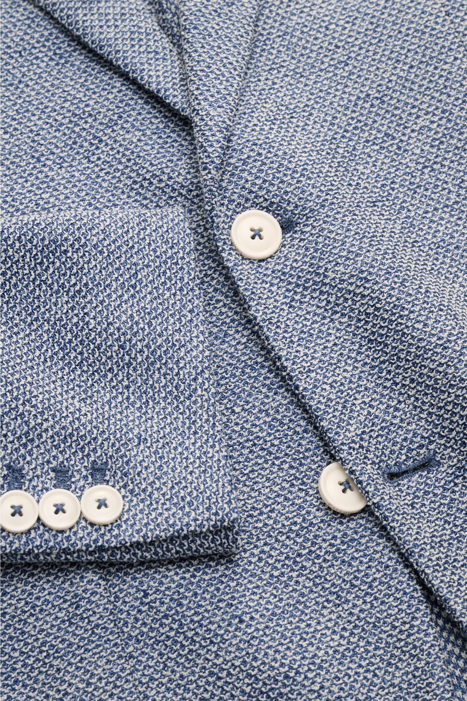 Close-up front view of Circolo 1901 Smart-casual jacket 'Coarse' dark blue/navy/white mottled with white buttons and textured linen blend fabric.

This slim fit smart-casual jacket in a linen blend in slightly stretchy fabric by CIRCOLO 1901 features a
