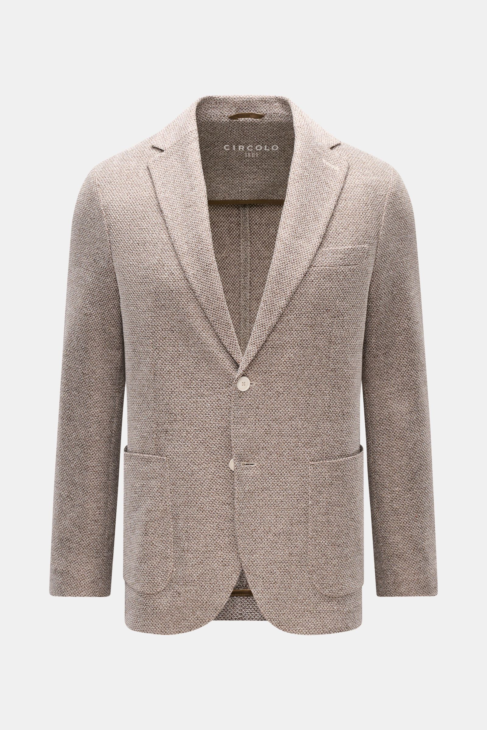 Circolo 1901 Sakko 'Coarse' dunkelbraun/taupe/weiß meliert, schmal geschnitten, Slim Fit, Leinen-Mix, Unconstructed-Design, fallendes Revers, zwei Knöpfe, Brust- und Hüfttaschen, Ärmelknöpfe, Seitenschlitze, Frontansicht.