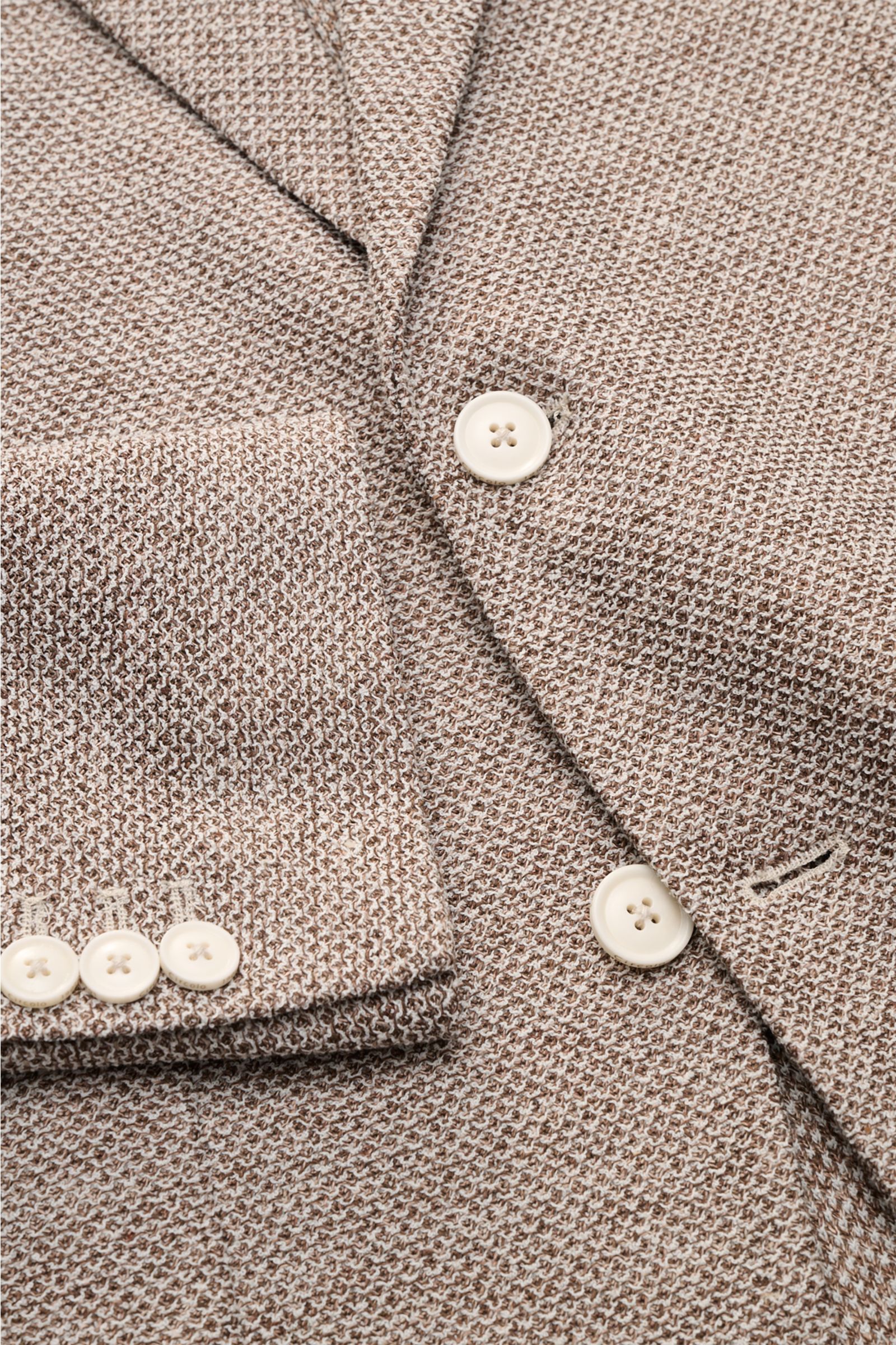 Circolo 1901 Sakko 'Coarse' dunkelbraun/taupe/weiß meliert, nah von oben, Slim Fit Unconstructed-Leinen-Mix mit Knöpfen, Strukturgewebe.