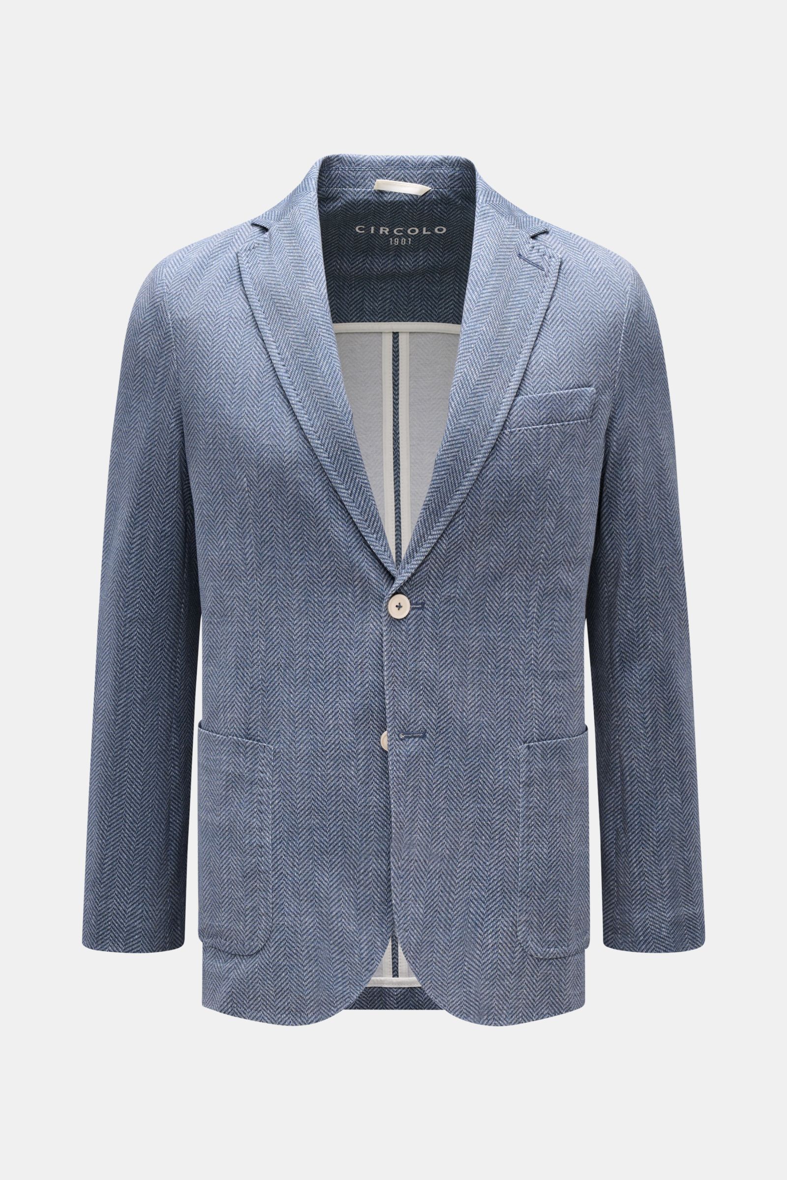 Circolo 1901 Jersey-Sakko rauchblau/weiß gemustert, Fischgrat, Slim Fit, Unconstructed, zwei Knöpfe, Brust- und Hüfttaschen, frontal fotografiert.