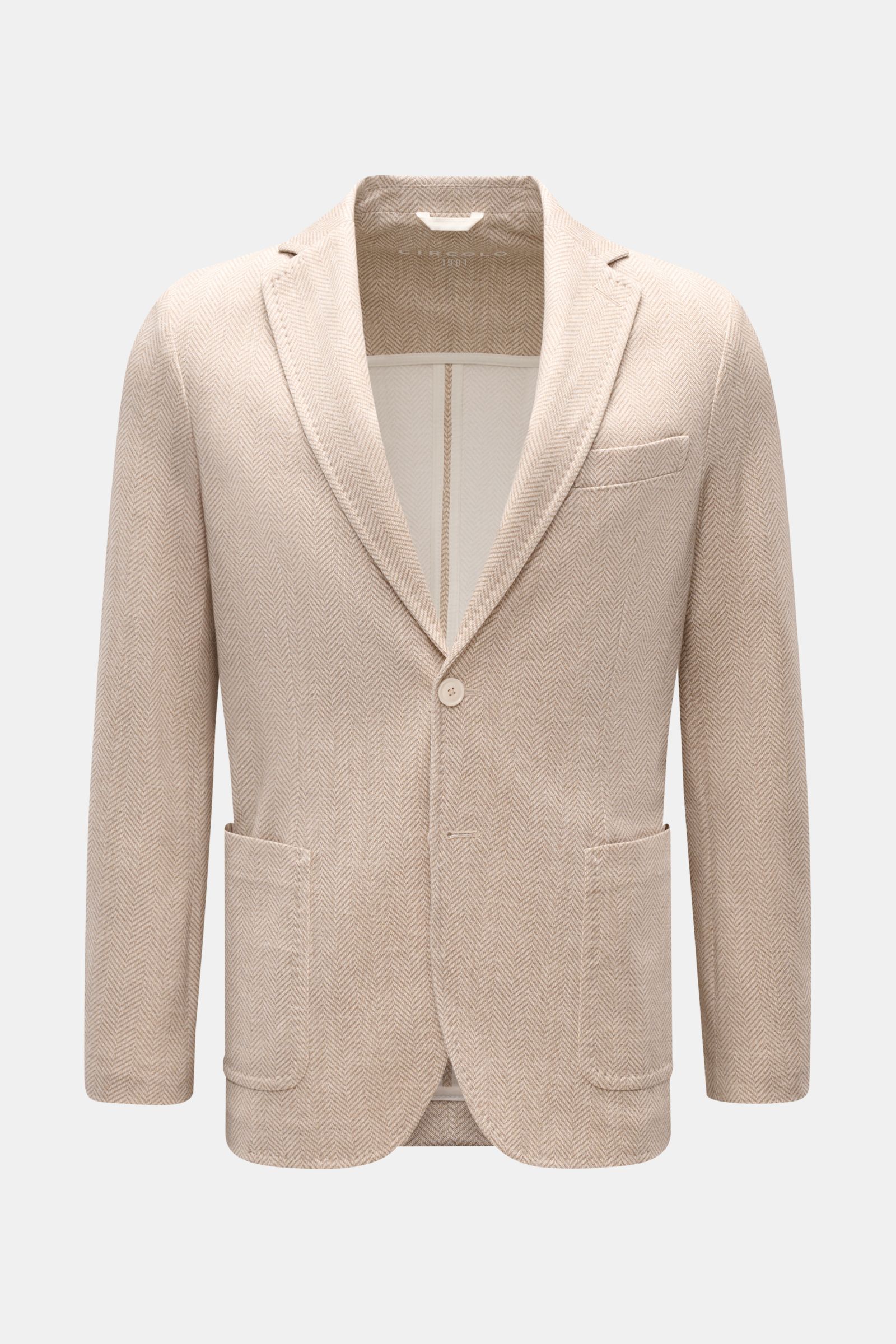 Front view of Circolo 1901 Jersey jacket beige/cream patterned with herringbone, slim fit, two-button style, patch hip pockets, and step lapel.

Description: Casual elegance for warm days: This smart-casual jacket with herringbone pattern by CIRCOLO 19