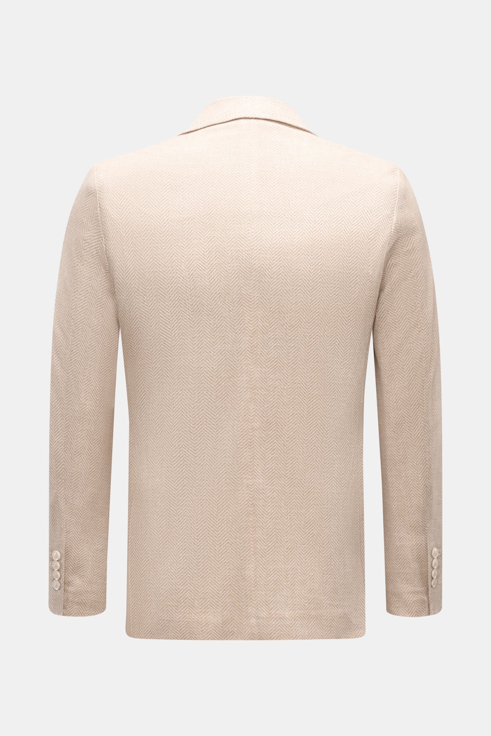 Rear view of Circolo 1901 Jersey jacket beige/cream patterned with herringbone, slim fit, two-button, step lapel, patch pockets.

Description: Casual elegance for warm days: This smart-casual jacket with herringbone pattern by CIRCOLO 1901 is made of l