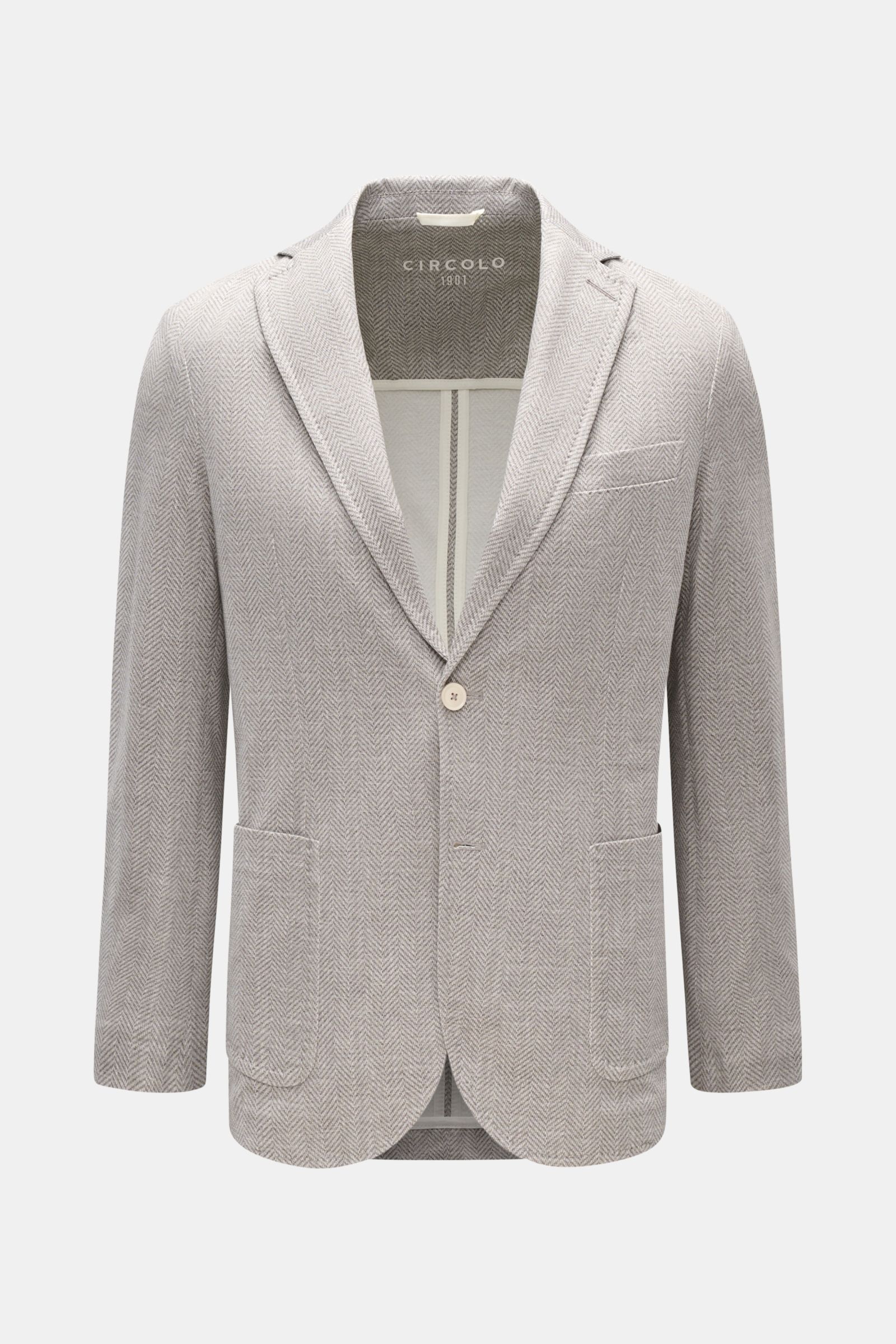 Circolo 1901 Jersey-Sakko grau/offwhite gemustert, Slim Fit, Fischgrat, tailliert, Jersey-Baumwolle, Zwei-Knopf, frontale Perspektive.