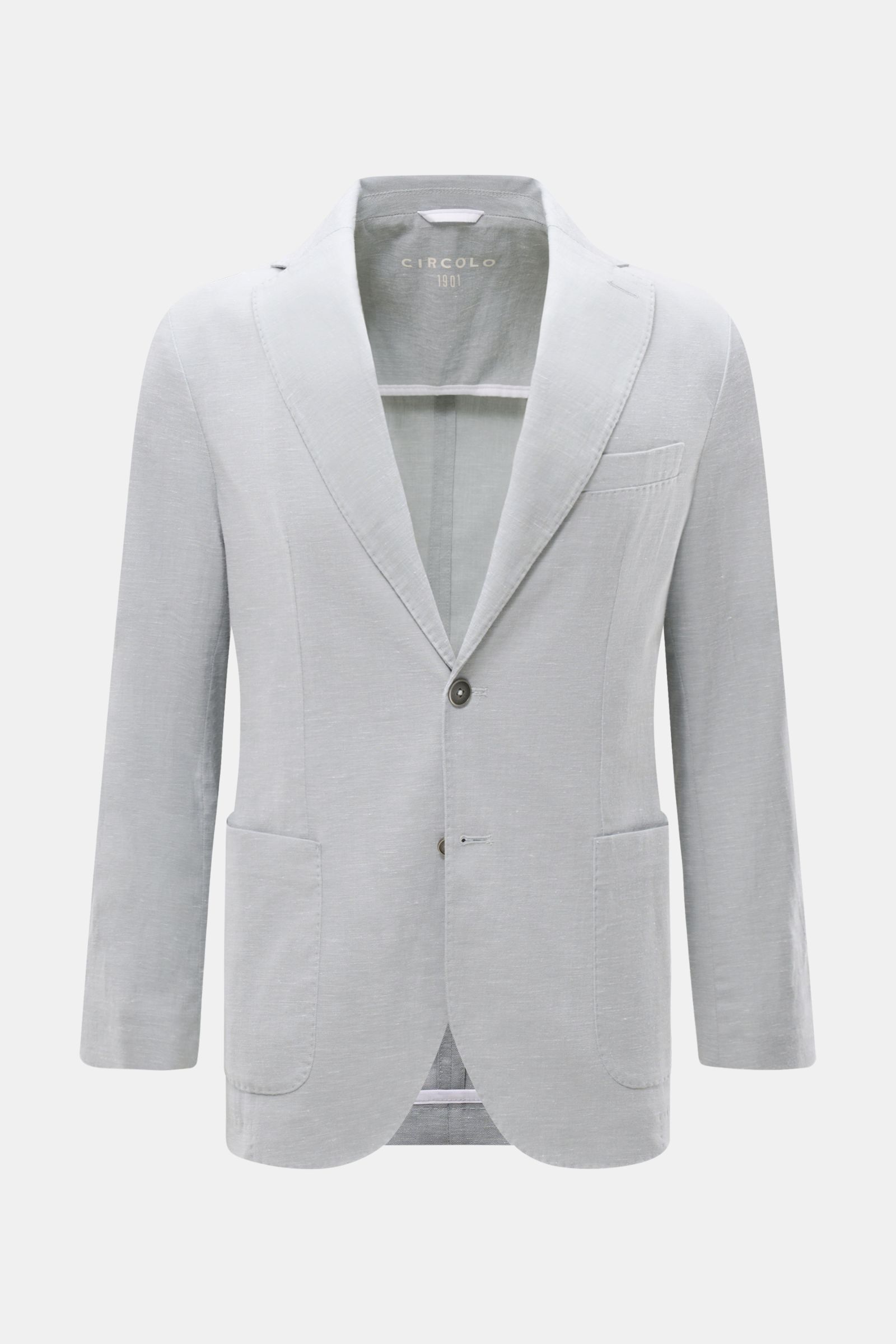 Circolo 1901 Sakko graublau meliert, Slim Fit, Baumwoll-Leinen-Mix mit Stretch, Tailliert, Zwei-Knopf, fallendes Revers, frontal fotografiert.
