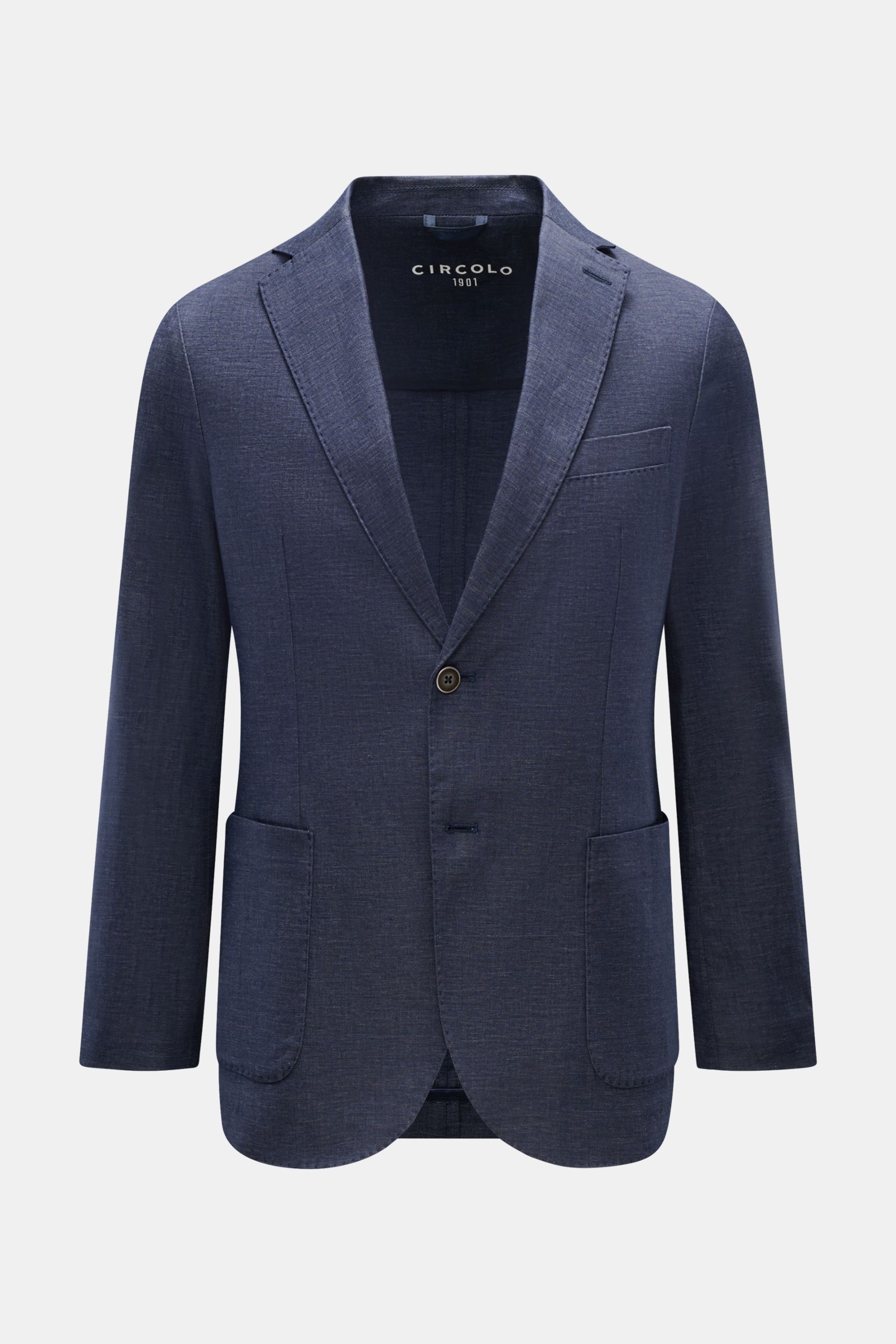 Circolo 1901 Sakko navy meliert, schmal geschnitten, Baumwoll-Leinen-Mix, Slim Fit, Zwei-Knopf-Stil, fallendes Revers, Brust- und Hüfttaschen, frontale Nahaufnahme.
