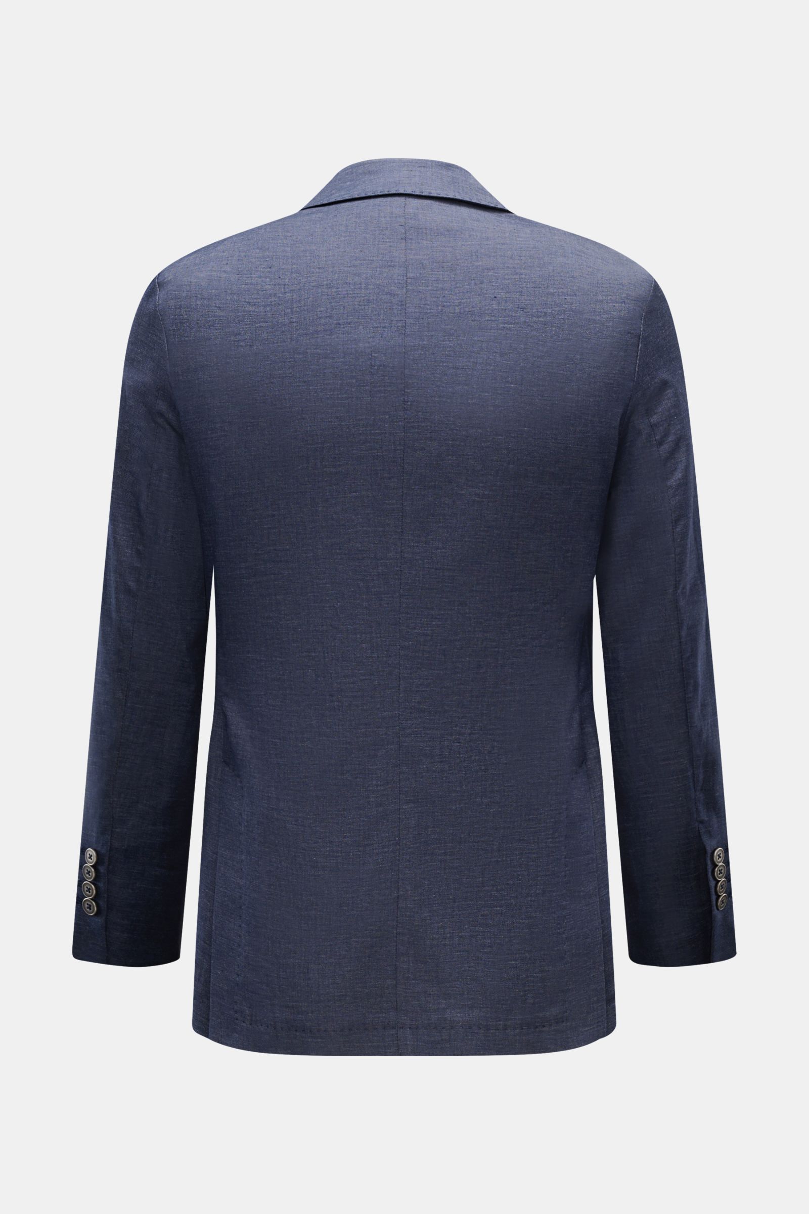 Circolo 1901 Sakko navy meliert, schmal geschnitten, Baumwoll-Leinen-Mix, leichter Stretch, Slim Fit, Rückansicht mit Seitenschlitzen und Knopfärmel.