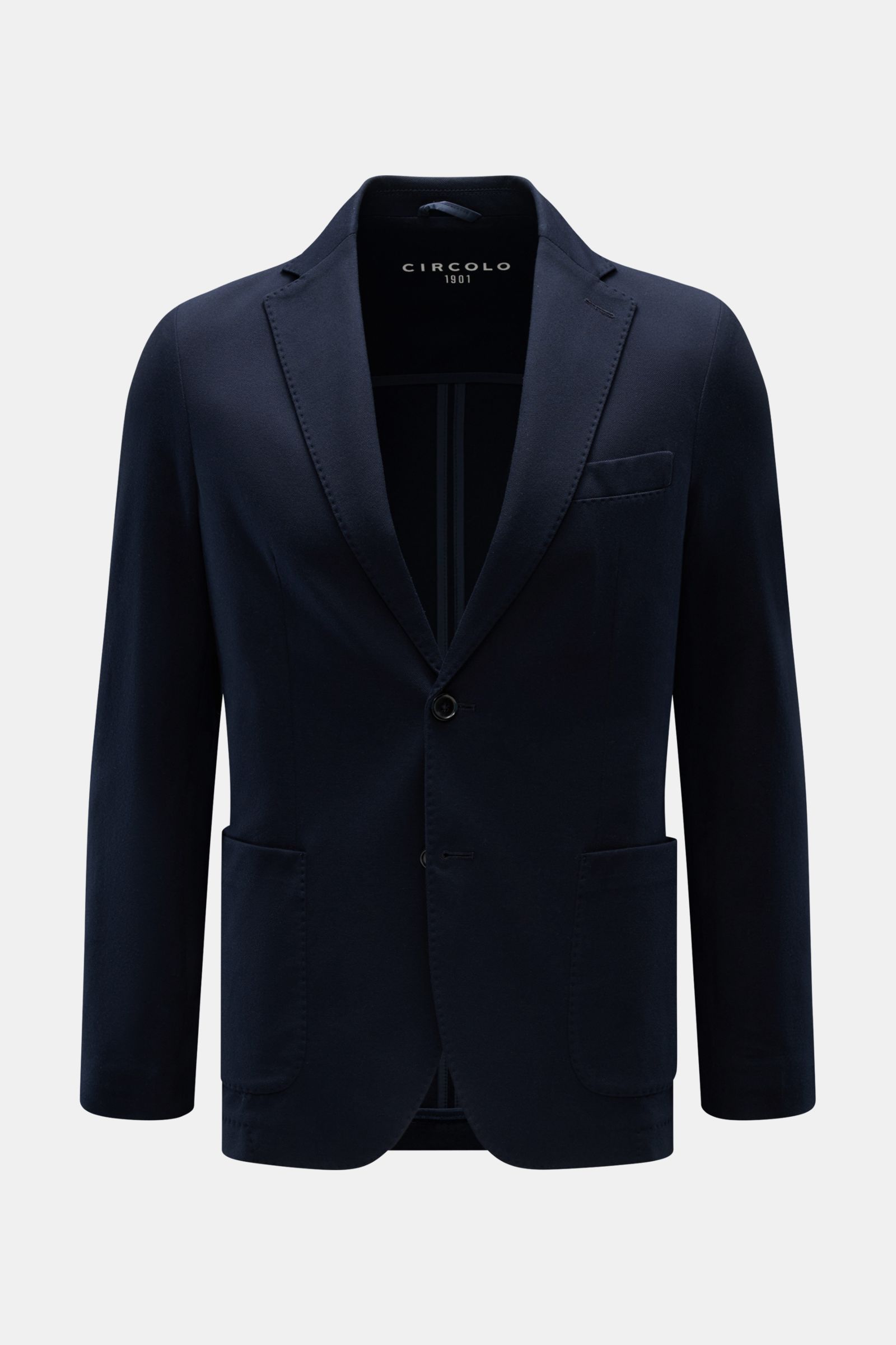 Circolo 1901 Piqué Sakko navy, frontal fotografiert, Slim Fit, elastischer Baumwoll-Piqué, zwei Knöpfe, fallendes Revers, Brust- und Hüfttaschen, halb gefüttert.