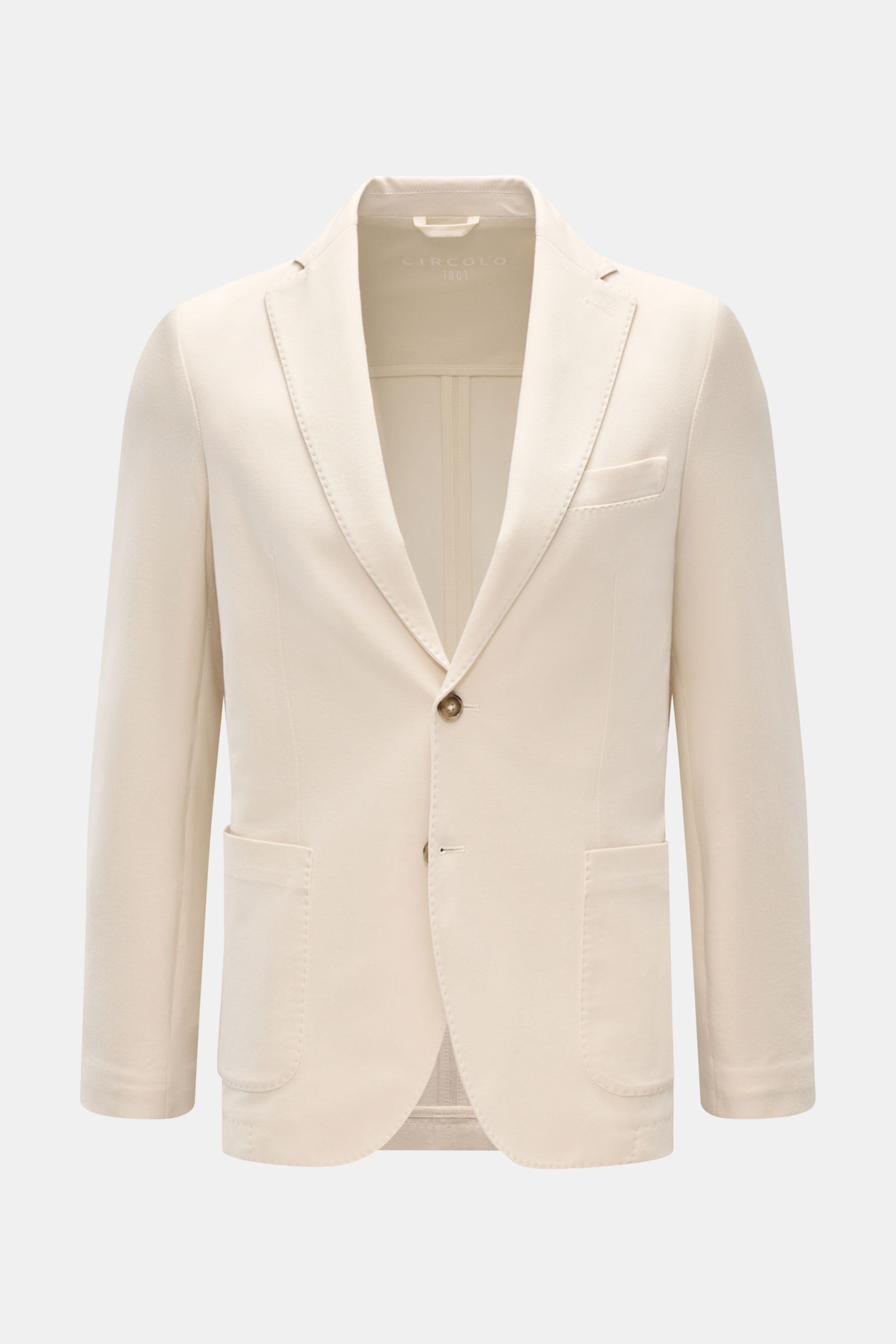 Circolo 1901 Piqué Sakko sand, schmal geschnitten, elastischer Baumwoll-Piqué, Slim Fit, taillierter Zwei-Knopf-Stil, fallendes Revers, Brust- und Hüfttaschen, halb gefüttert, Vorderansicht.