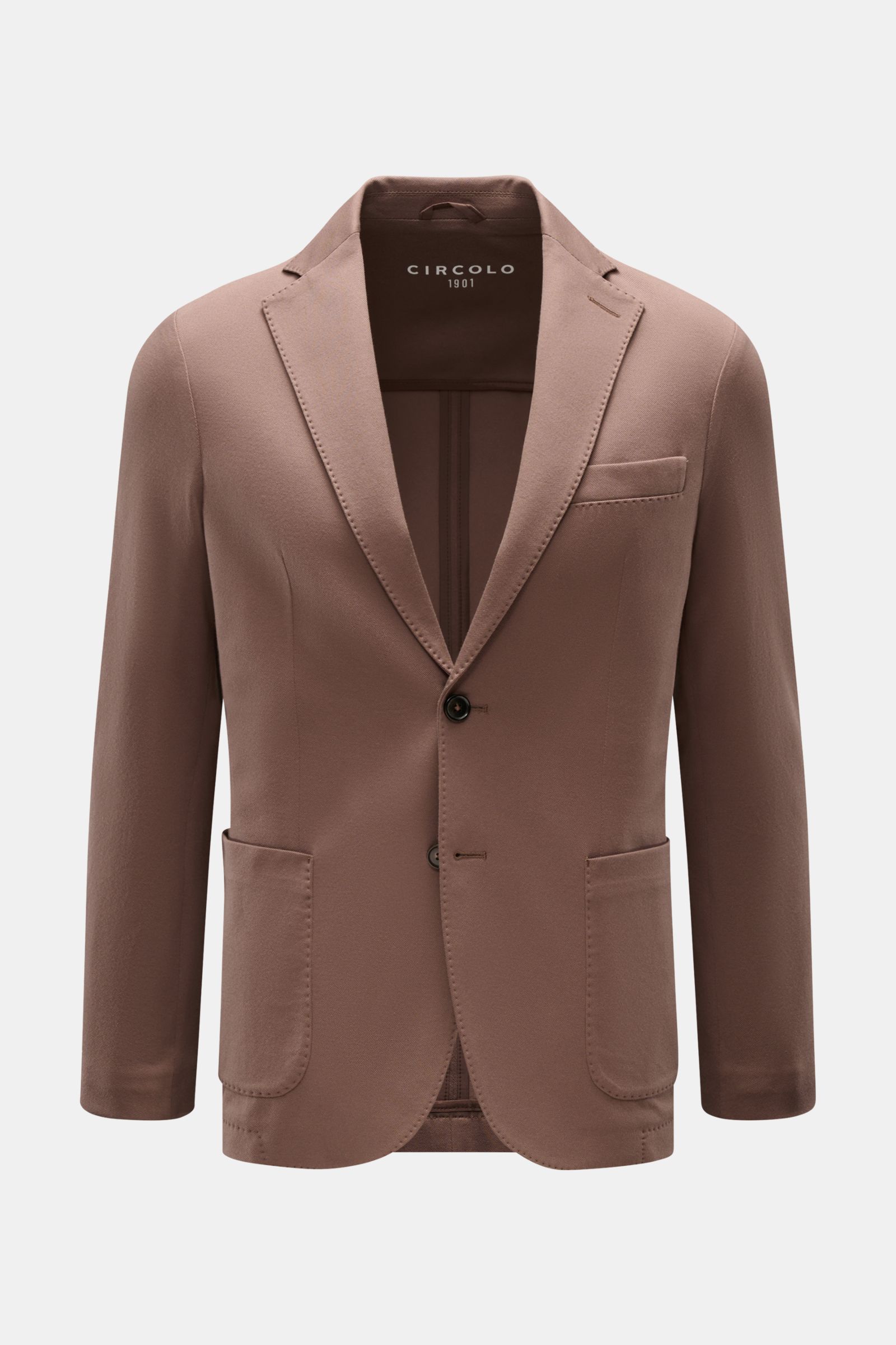 Circolo 1901 Piqué Sakko graubraun, slim Fit, elastischer Baumwoll-Piqué, Unconstructed-Design, Zwei-Knopf, Taschen, fallendes Revers, frontal fotografiert.